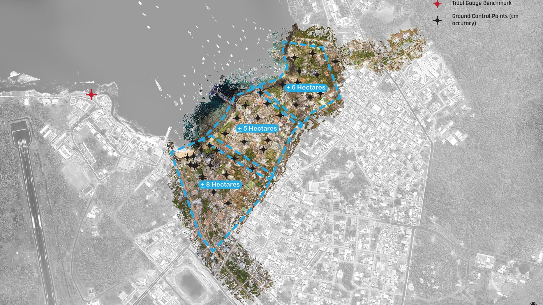Map highlighting urban coastal areas, one 8 hectares, one 5 hectares and one 6 hectares