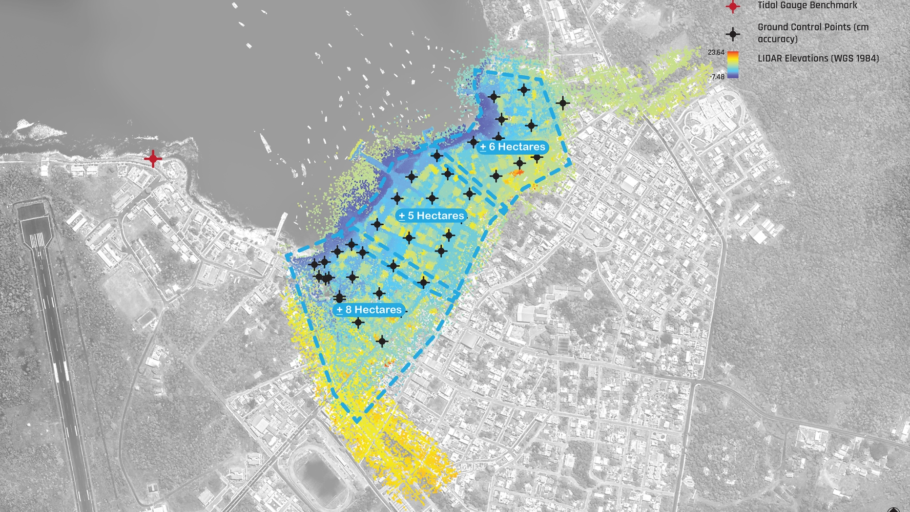 same map but with color coded elevation marking. Area nearest the coast is in blue turning to yellow as it gets further away