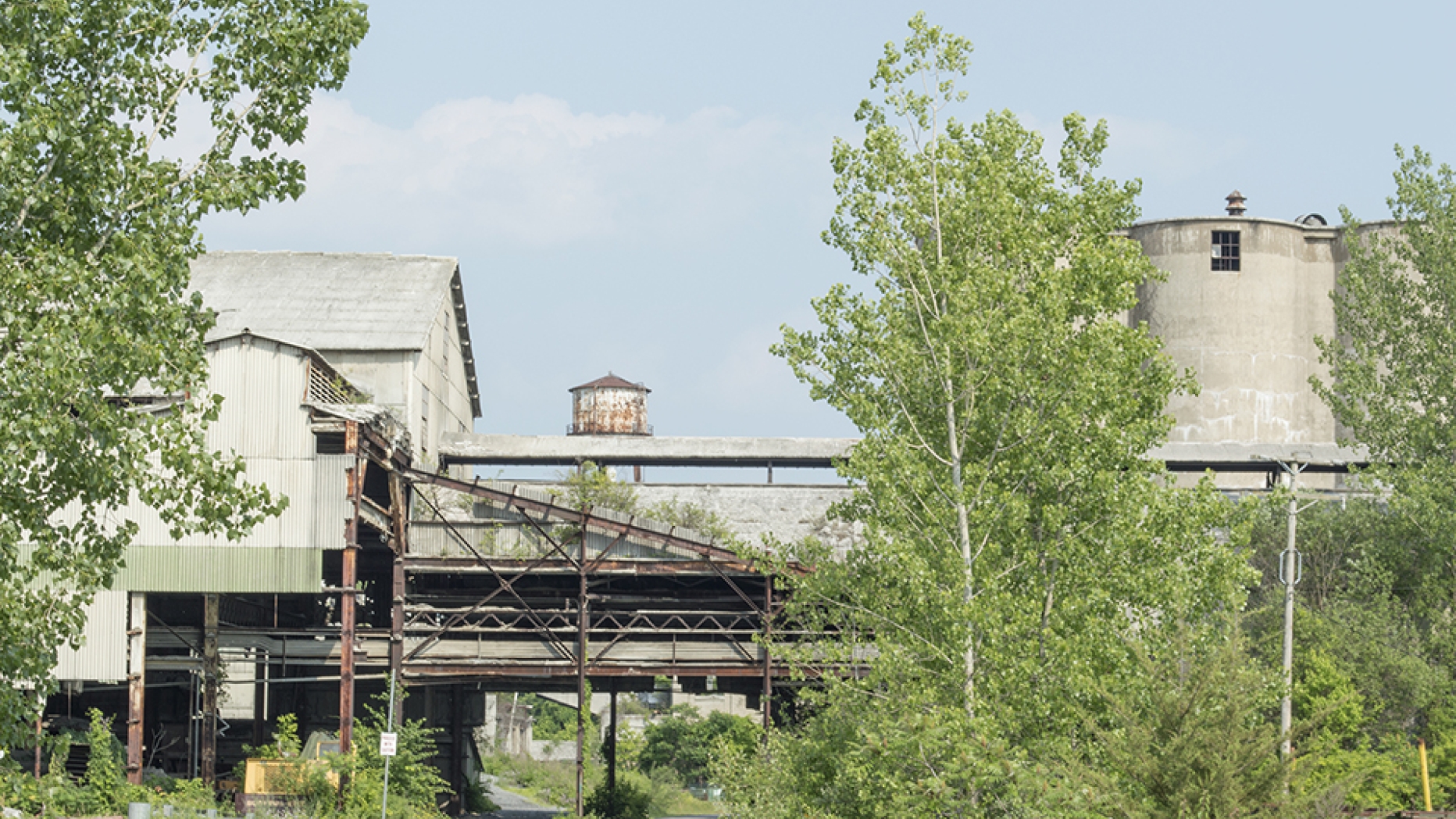 Old factory with trees growing around.