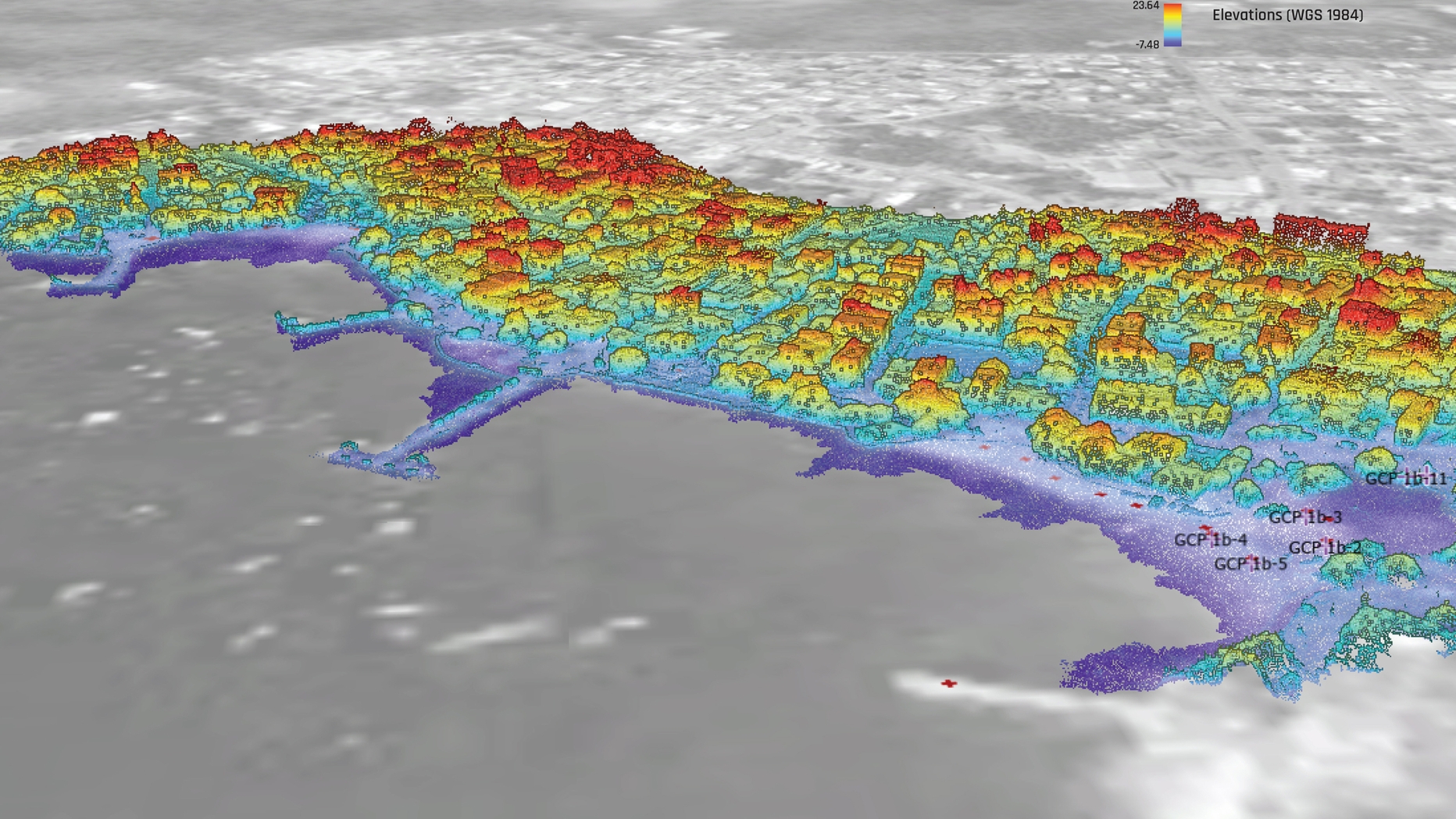 Computer model of area color coded for elevation. Beach area is blue, houses range from yellow to red at the tops