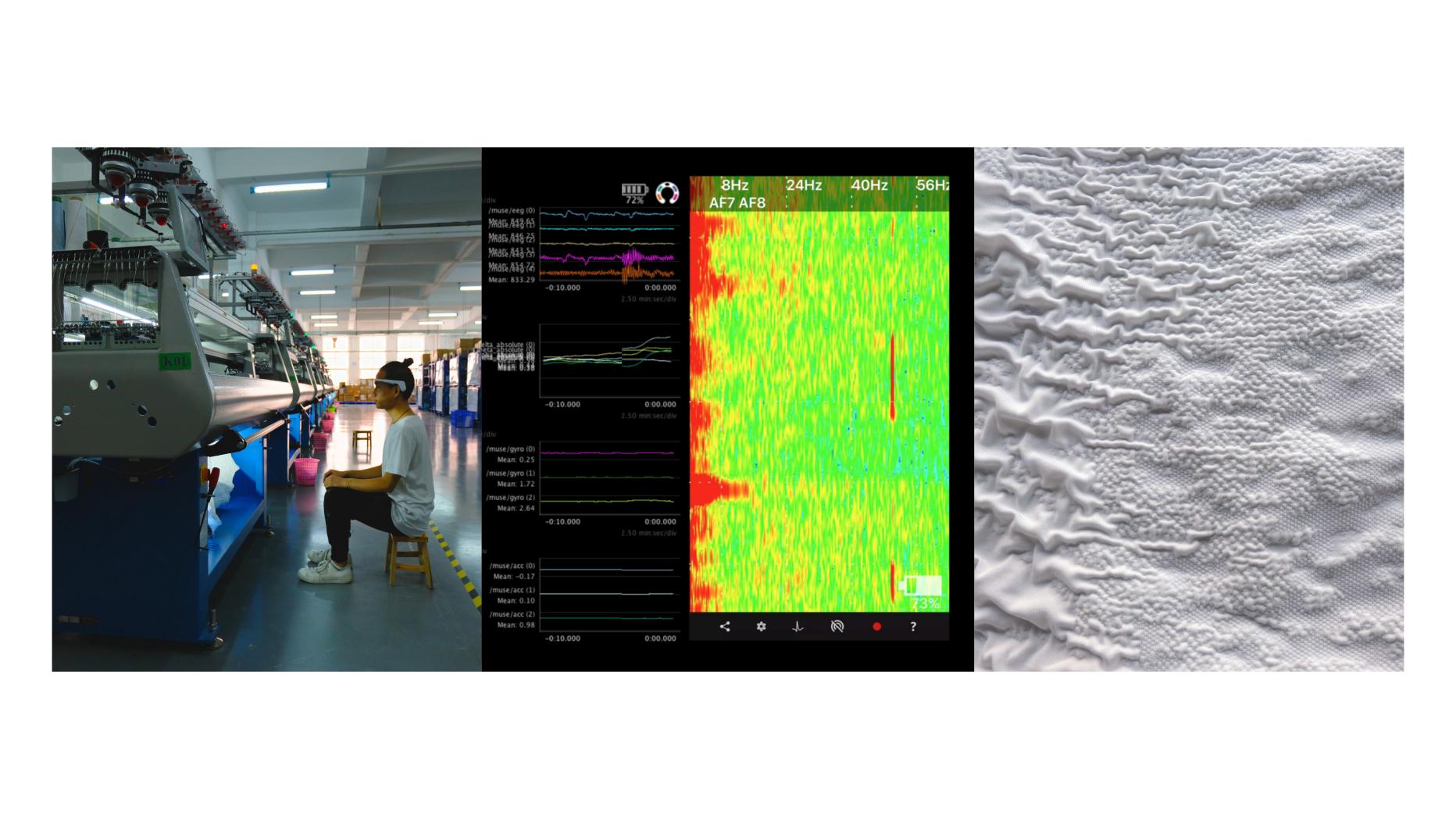 Three part image: Figure looking into machine, graph of data, white and gray texture