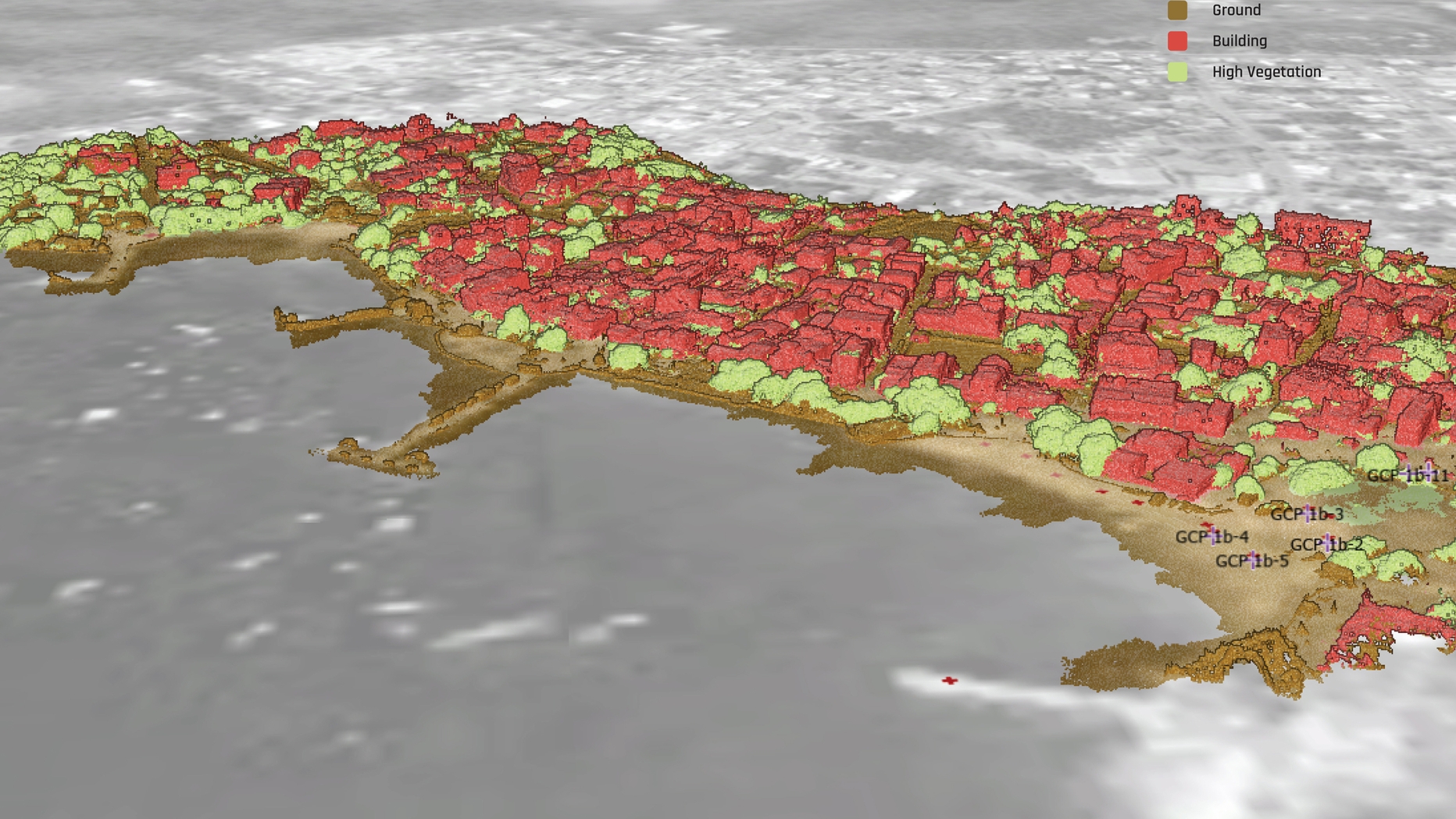 Same computer model but showing houses in red and vegetation in green