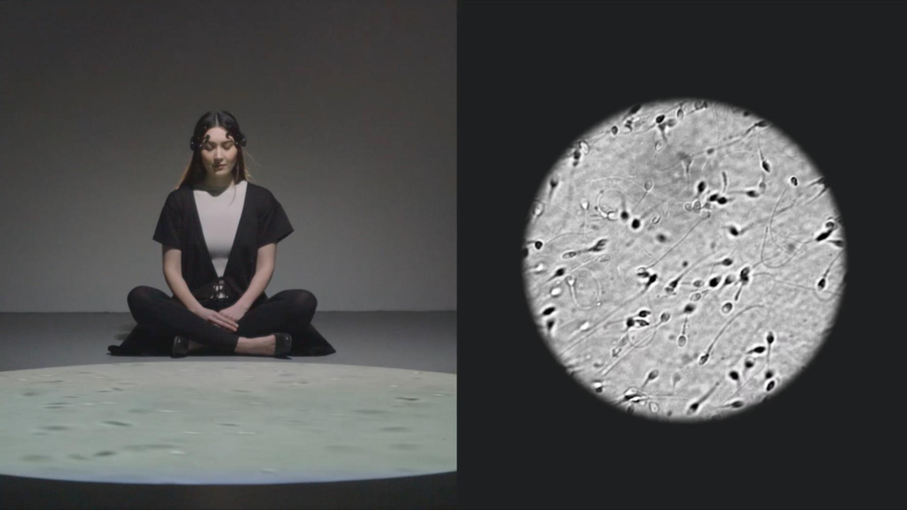 Two part image: Woman meditating in front of projection with machinery on her head, close up of projection showing sperm