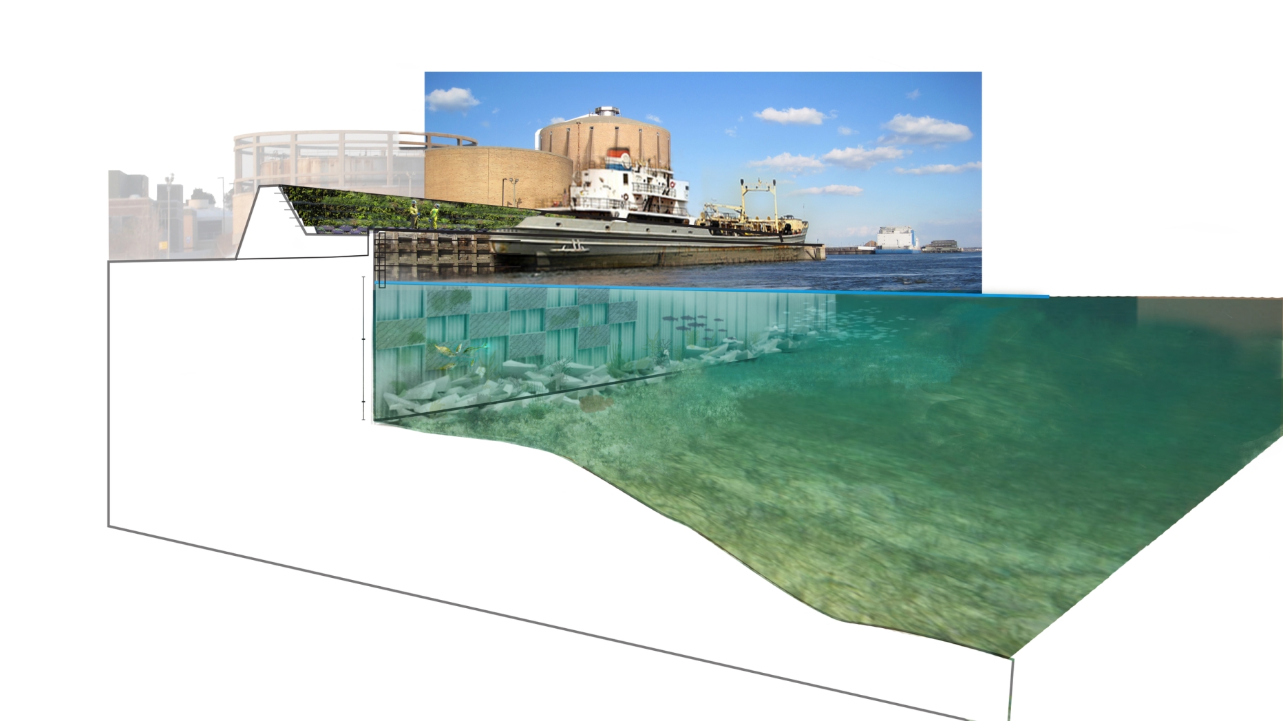 Rendering of multilevel flood walls with people walking on a river path and a ship anchored in the river.