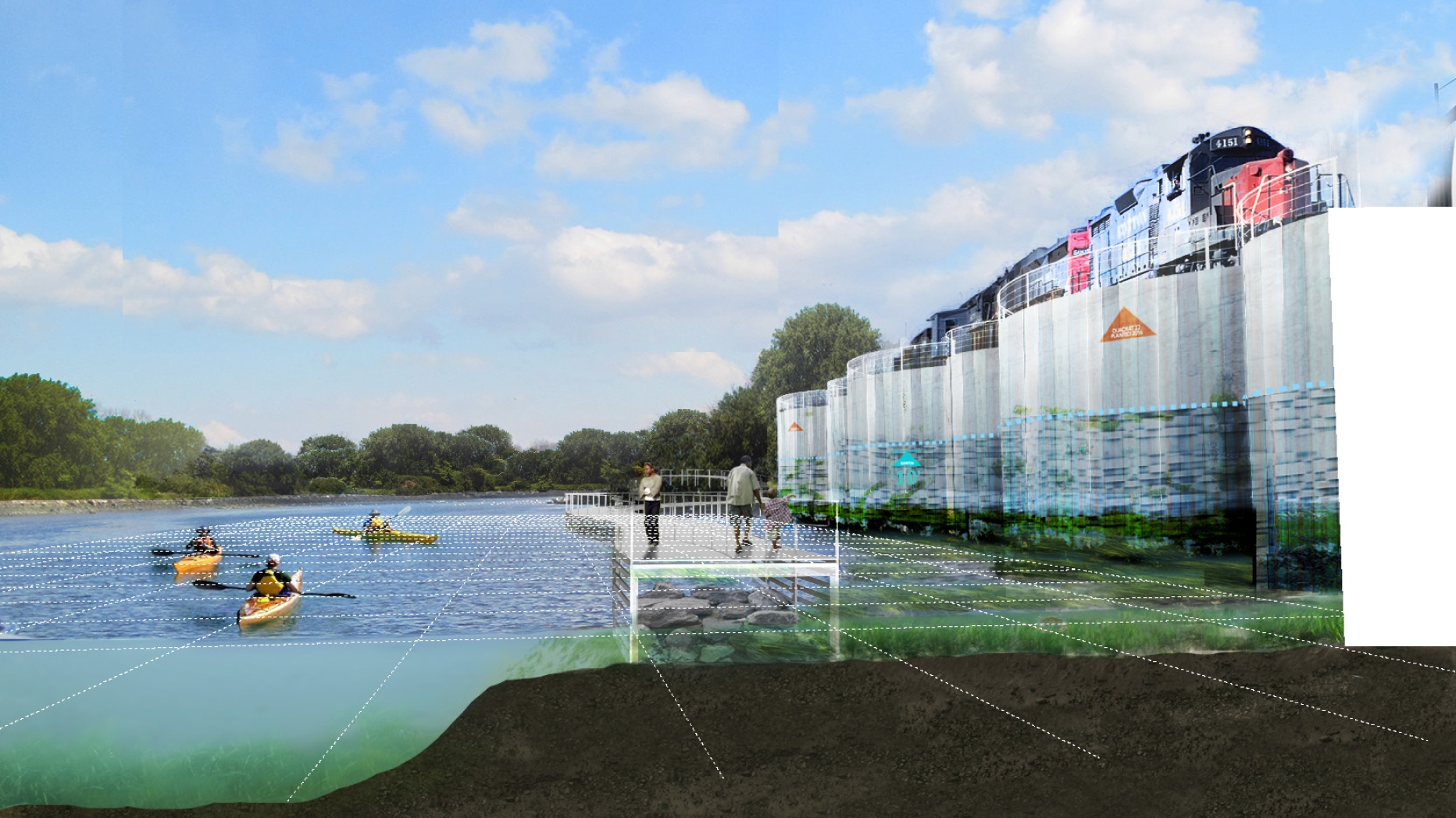 Rendering of multilevel flood walls, people rowing in river, walking on boardwalk and a train going by high up on land