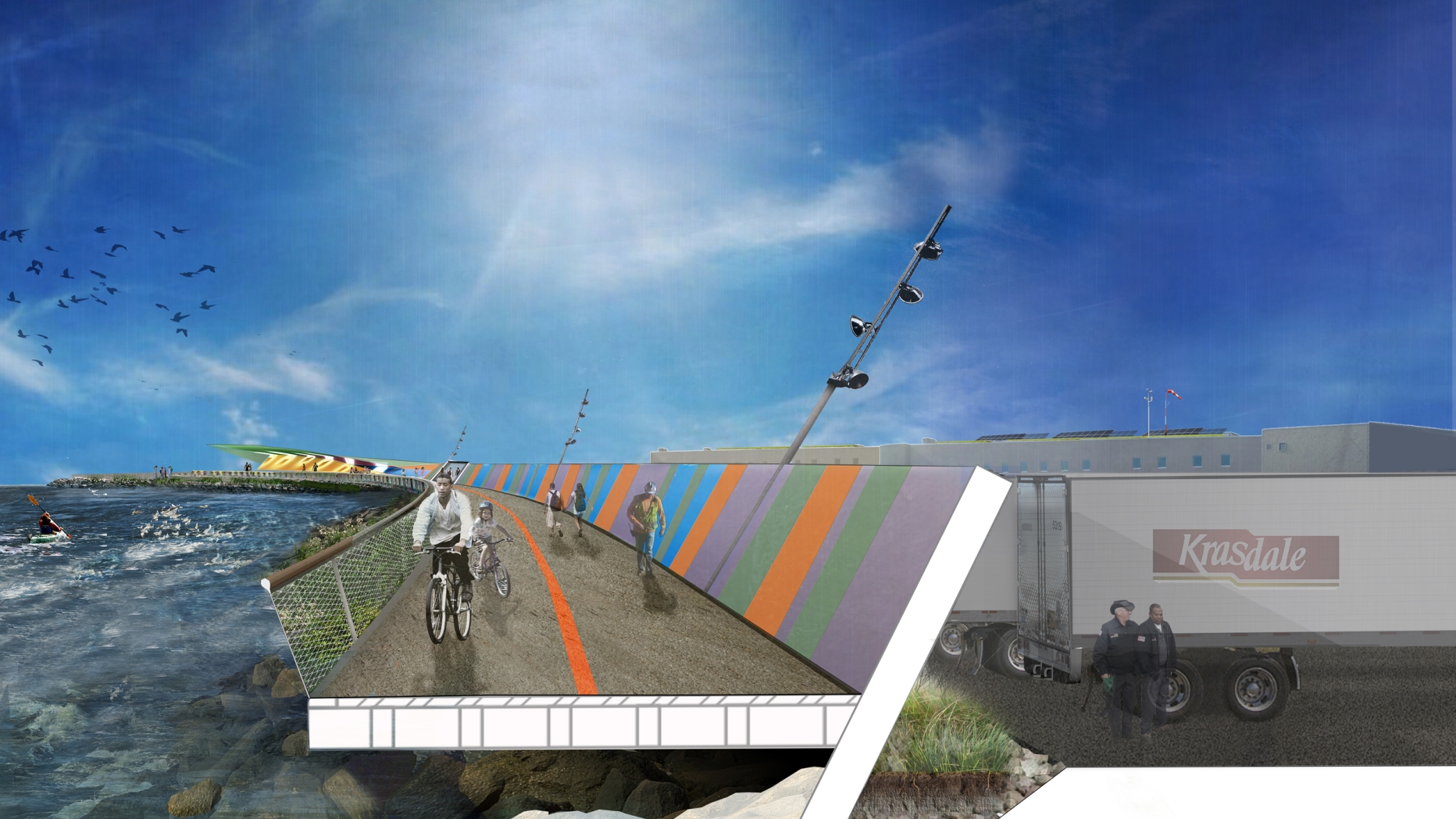 Rendering of a very high flood wall that doubles as a bike path