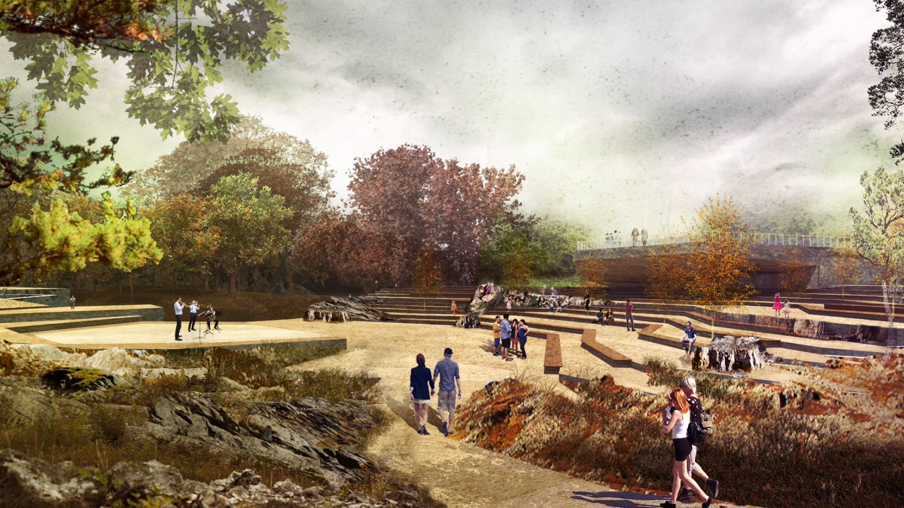  Rendering of amphitheater in park with band playing and people casually strolling through