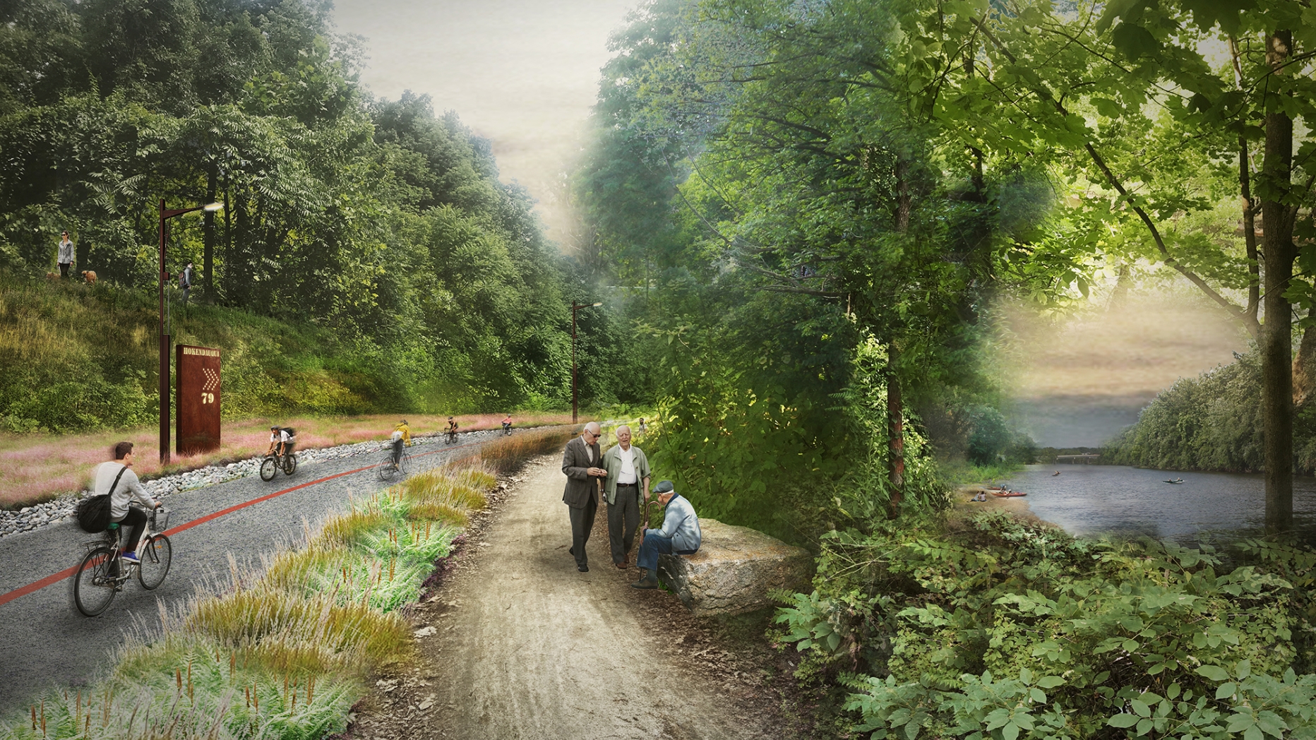 Rendering of a path with a walkway and a group of people sitting and talking