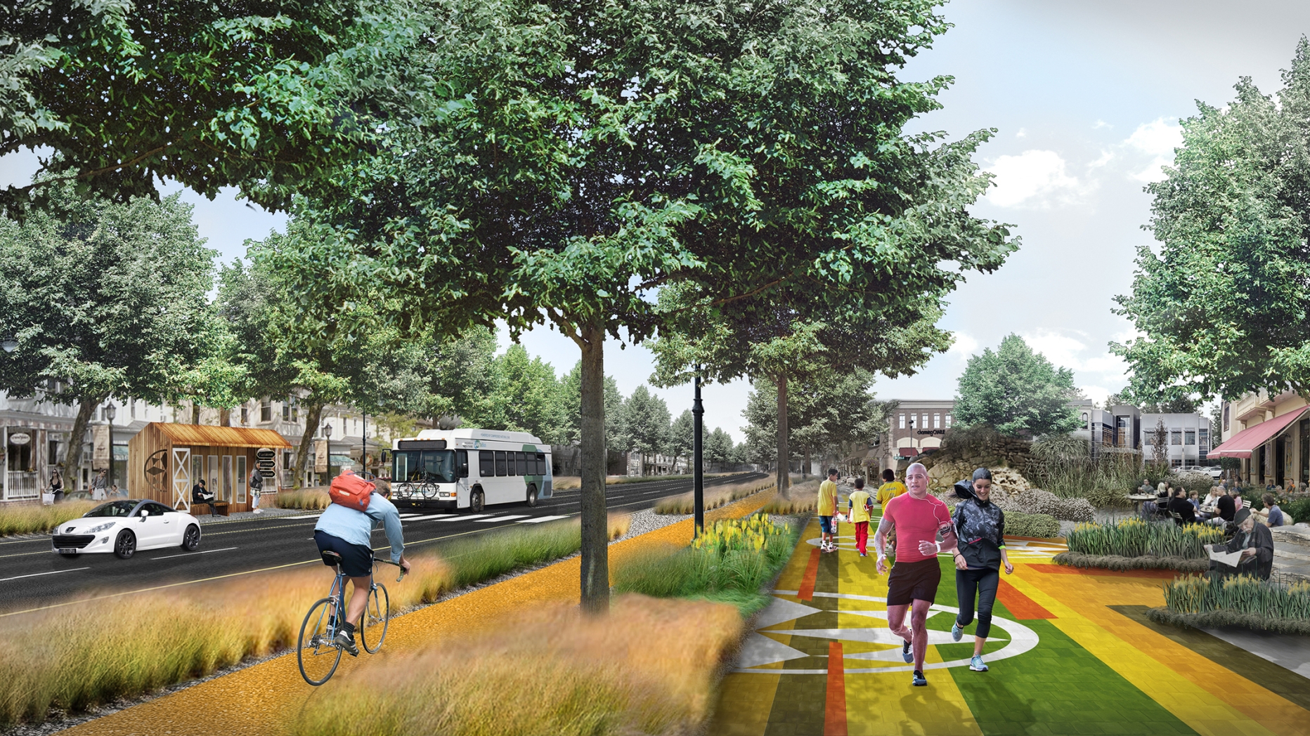 Rendering of an urban byway with paths and plantings