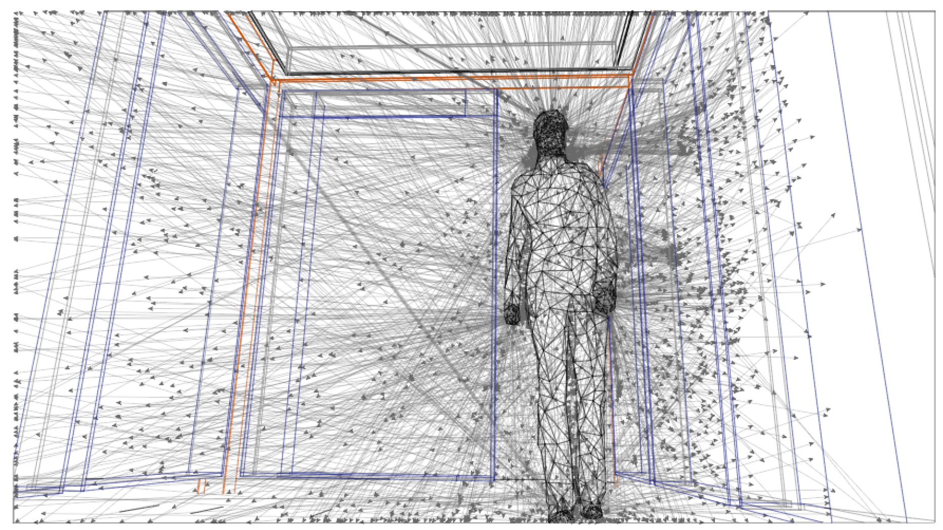 Segemented human body emitting rays in all direction, representing thermal radiation