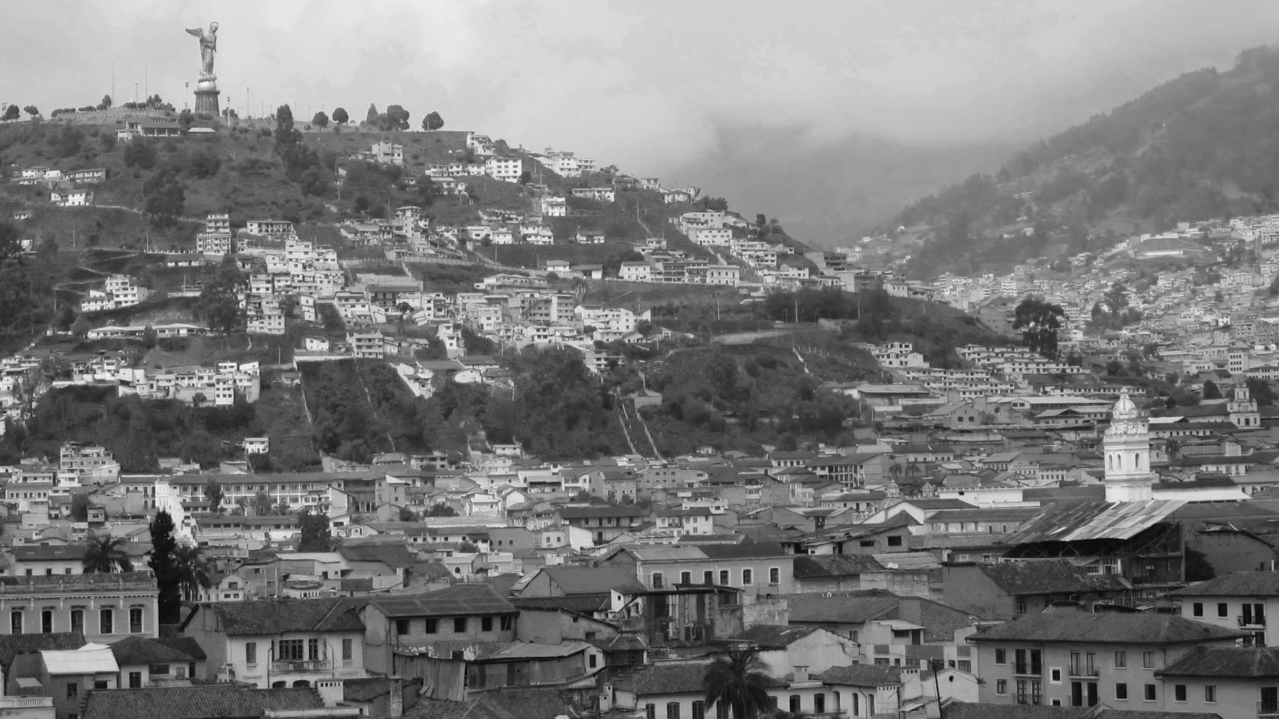 black and white mountainous urban landscape