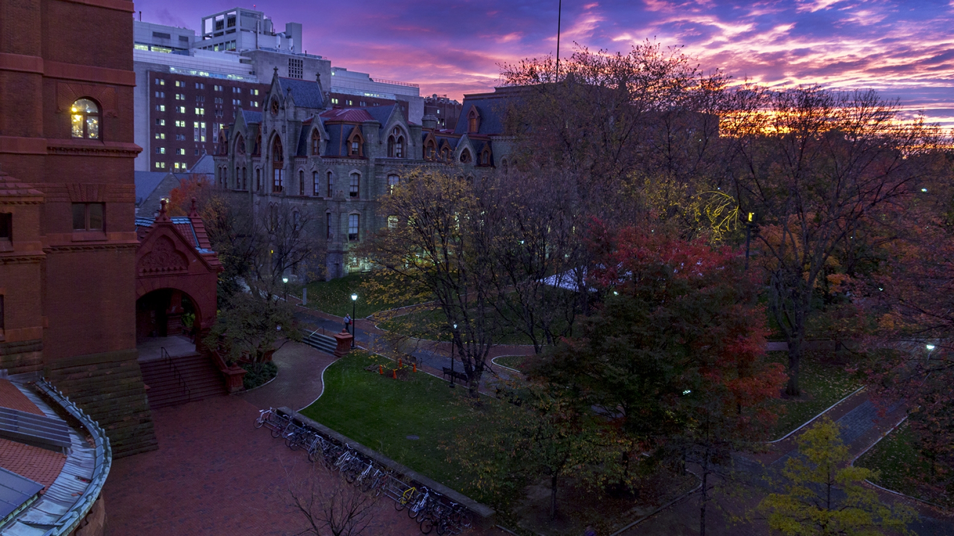 UPenn campus at sunset.