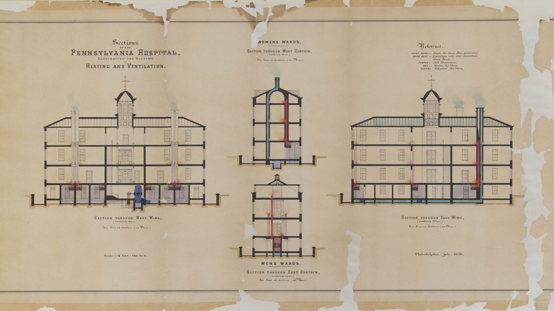 Blueprint of Pennsylvania hospital heat and ventilation system from 1876