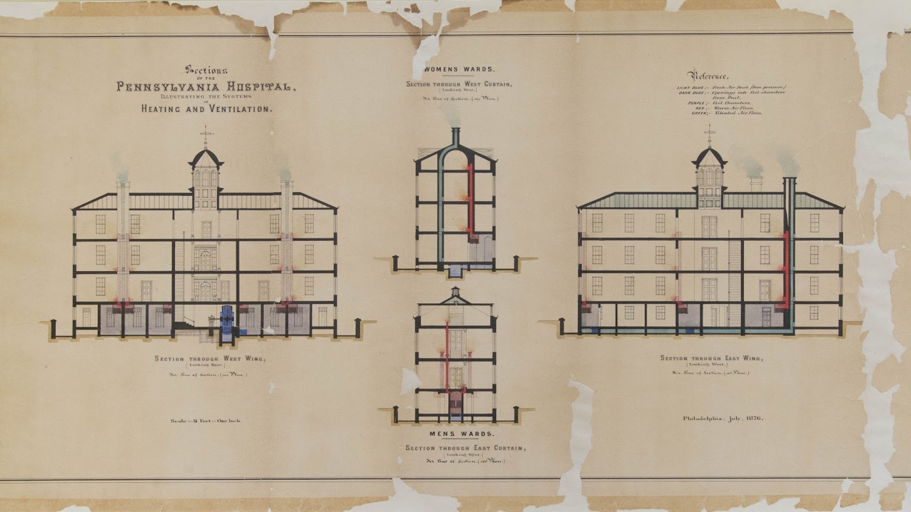 1876 diagram showing cross sections of the buildings heating and ventilation 