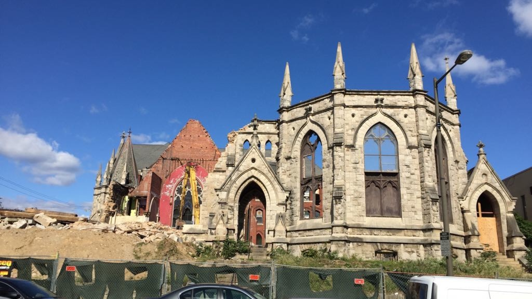  Partially destroyed church with fenced off region