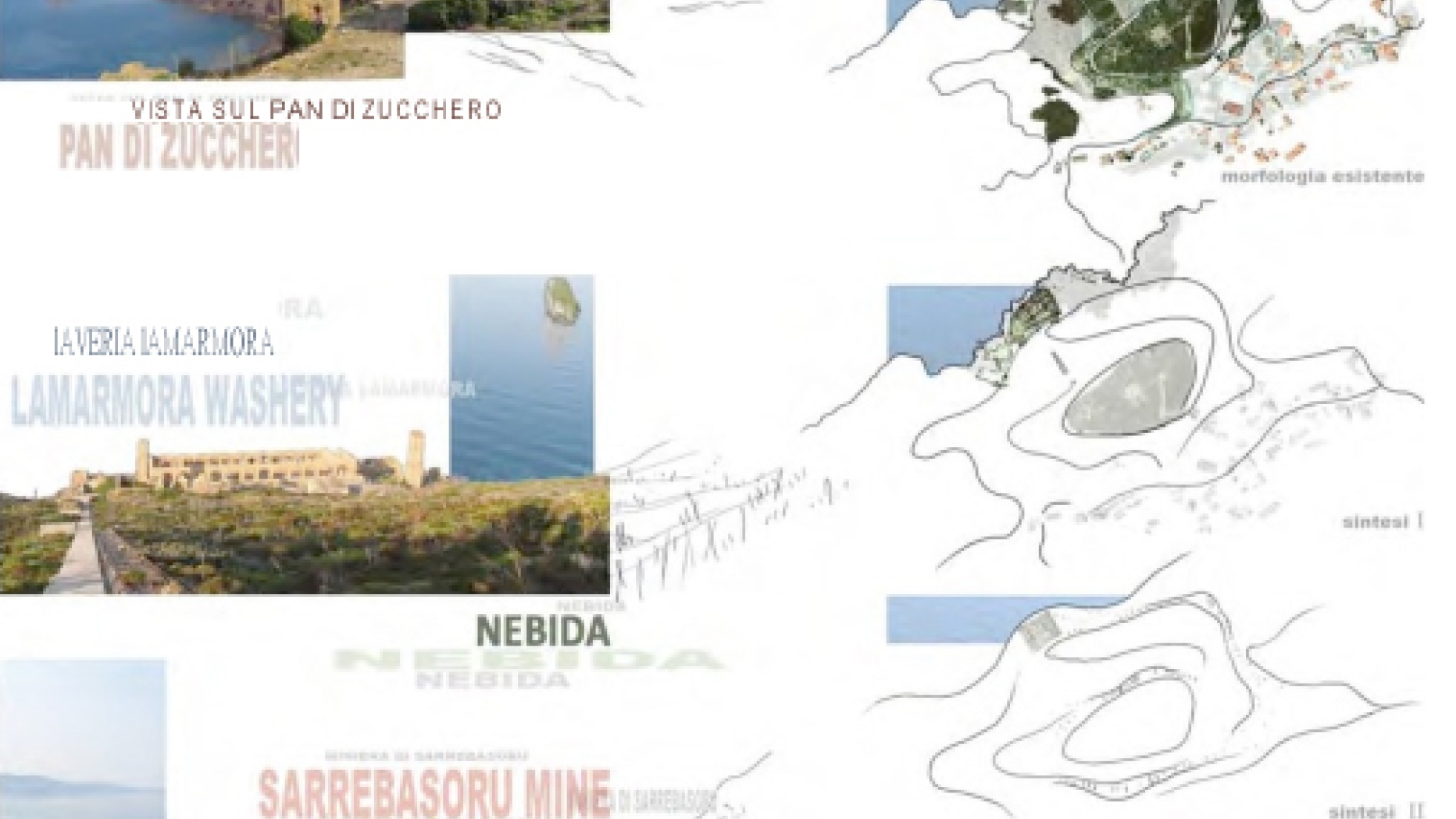 Maps and a series of phots of three different mines in the Sardinia Geo-mining park.