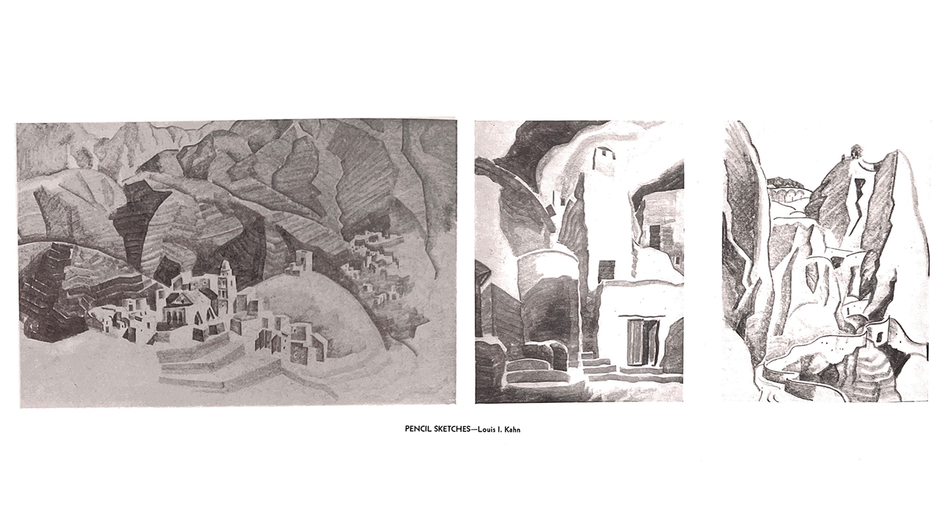 Louis I. Kahn, Pencil Sketches showing houses within nature in "The Value and Aim in Sketching". From Merrill, Michael, ed. Louis Kahn - the Importance of Drawing. Zürich: Lars Müller Publishers, 2021, 46