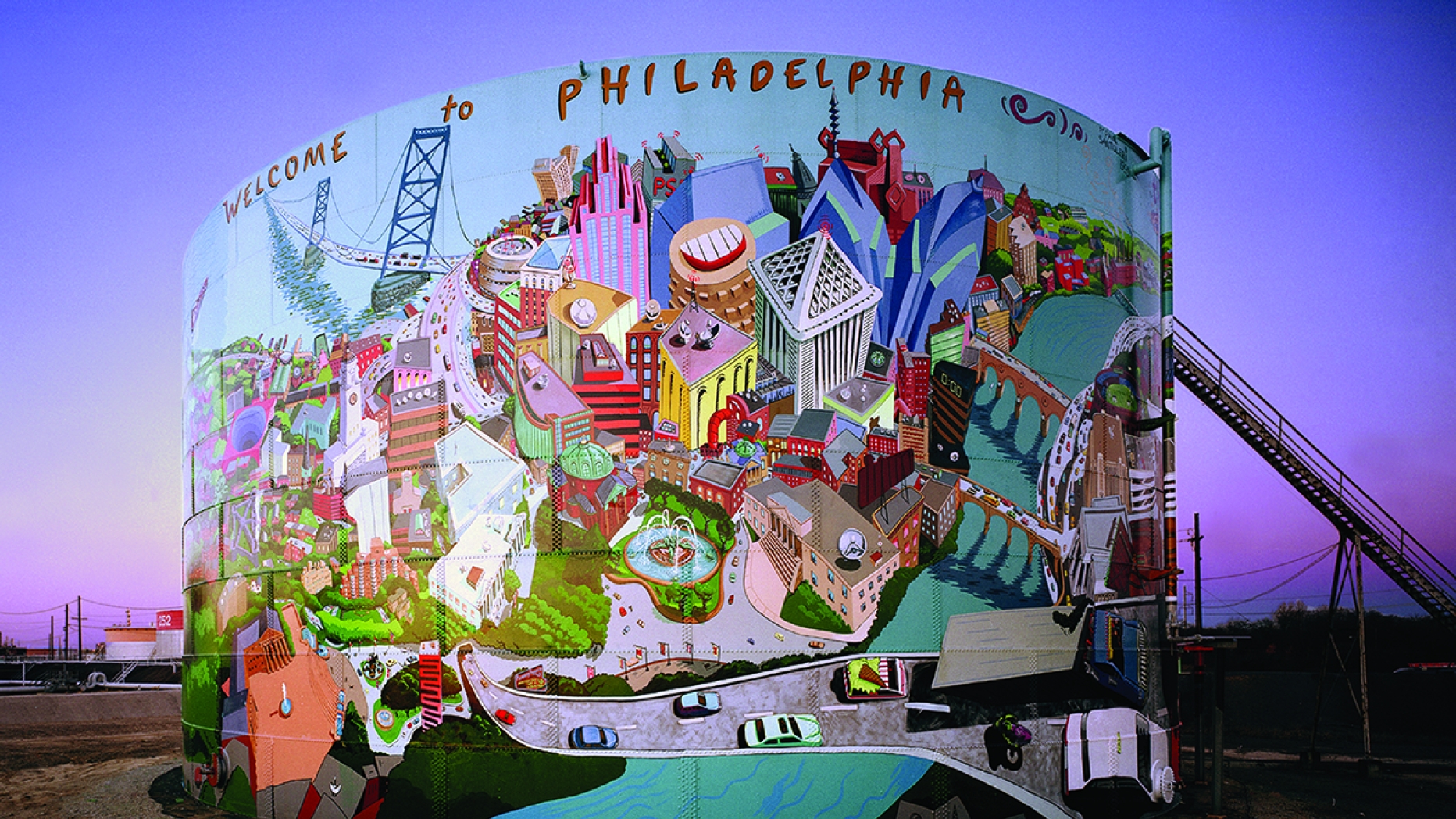 A mural painted on the side of an industrial structure.