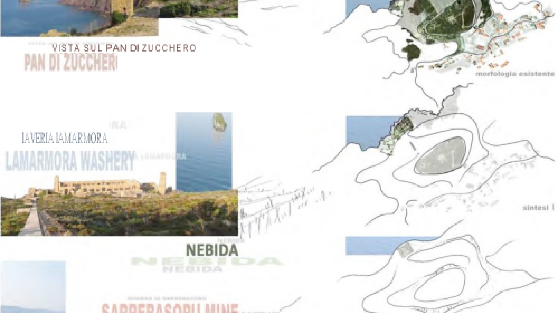 Maps and a series of phots of four different mines in the Sardinia Geo-mining park.