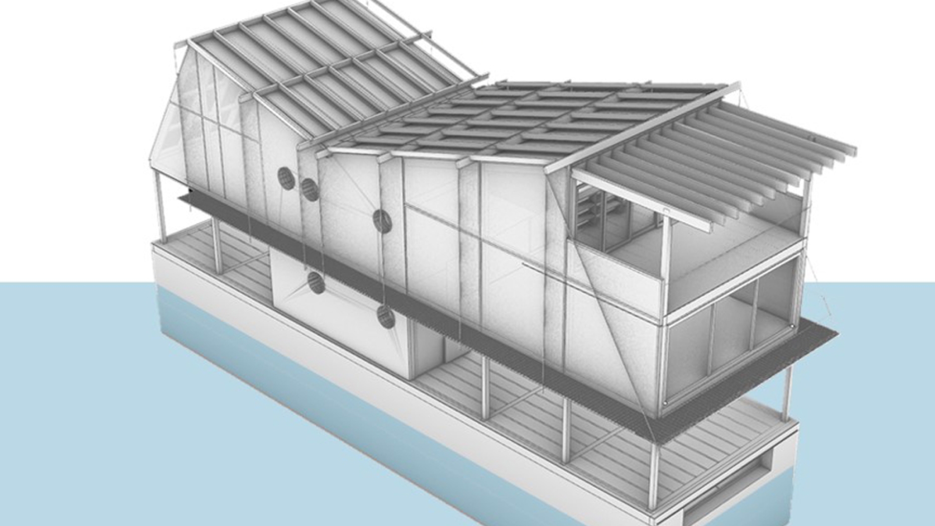 3D visualization of the Blue City Lab showing cocrete hull, slanted roof with solar panels and greebhouse space