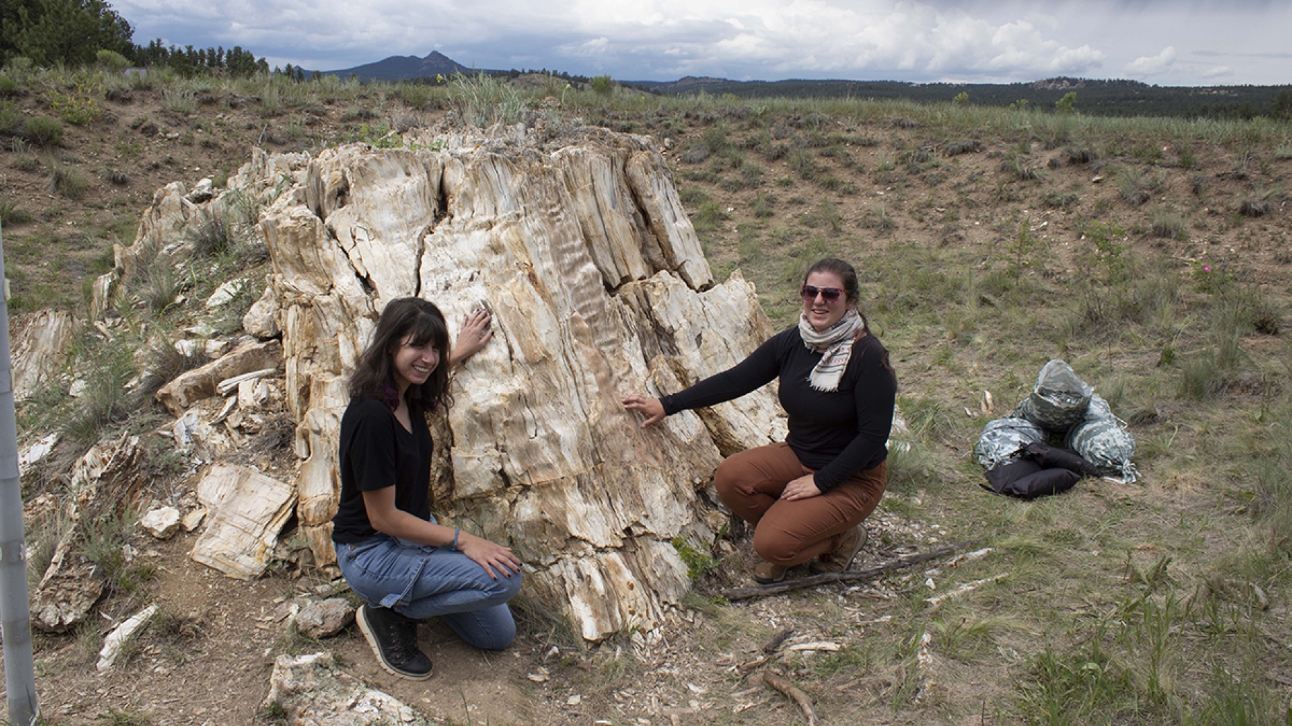 Two students pose in front of petrified tree stump