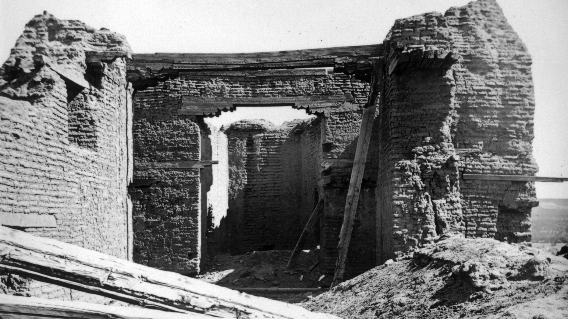 black and white photo of earthen architecture archaeological site