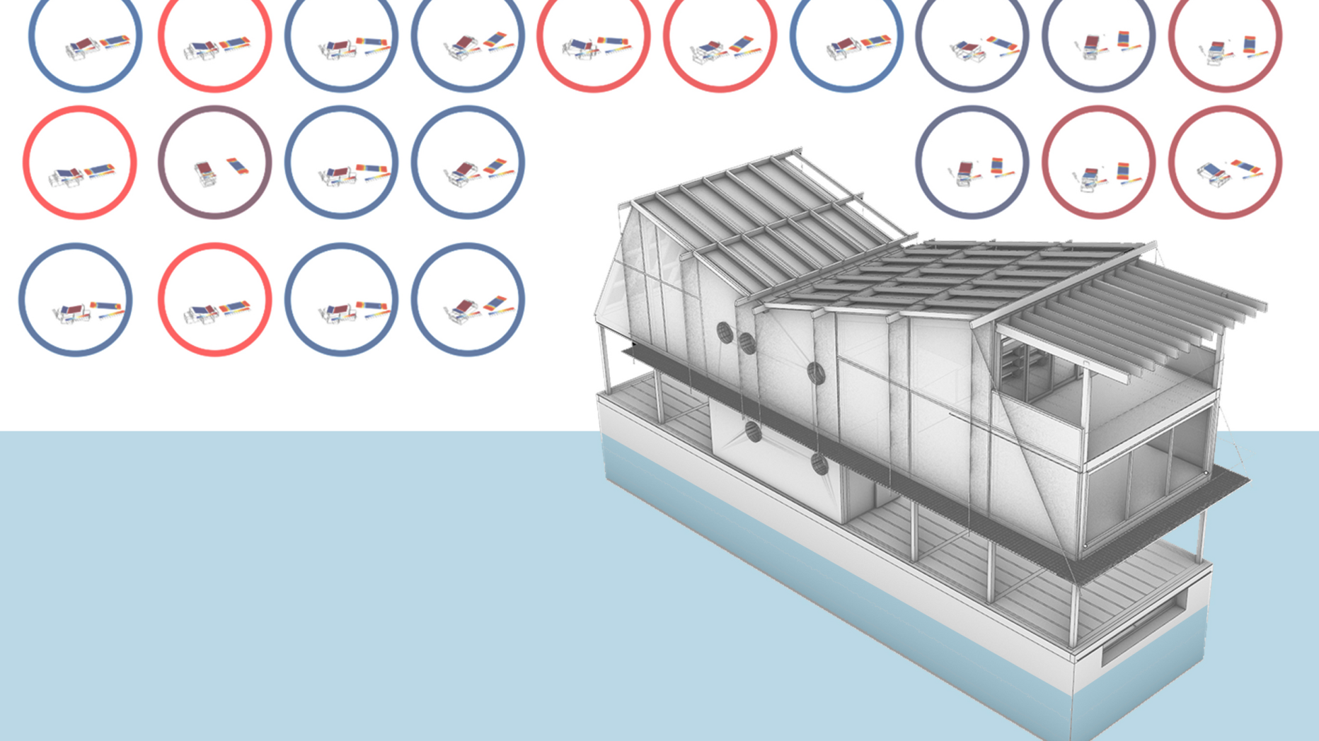 drawing depicting a floating wood structure on a concret hull with small diagrams of orientation optimization study