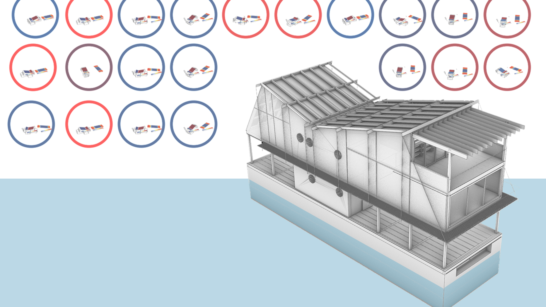 Drawing depicting a floating wood structure on a concret hull with small diagrams of orientation optimization study