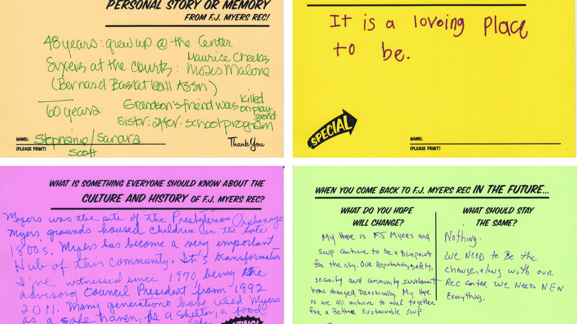 scanned colorful postcards that ask questions about the future and past of FJ Myers