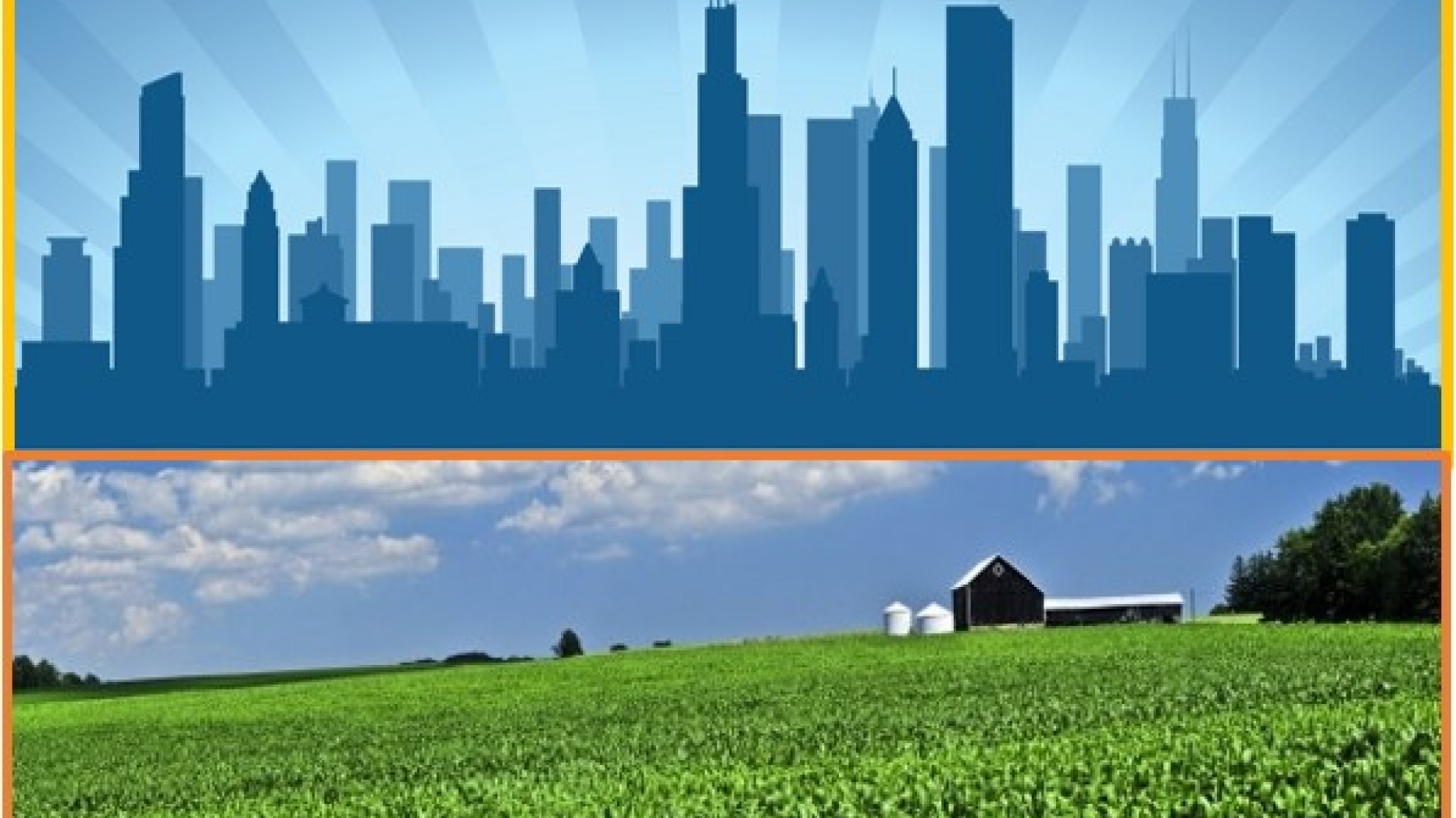 Split Screen image. city skyline and farm