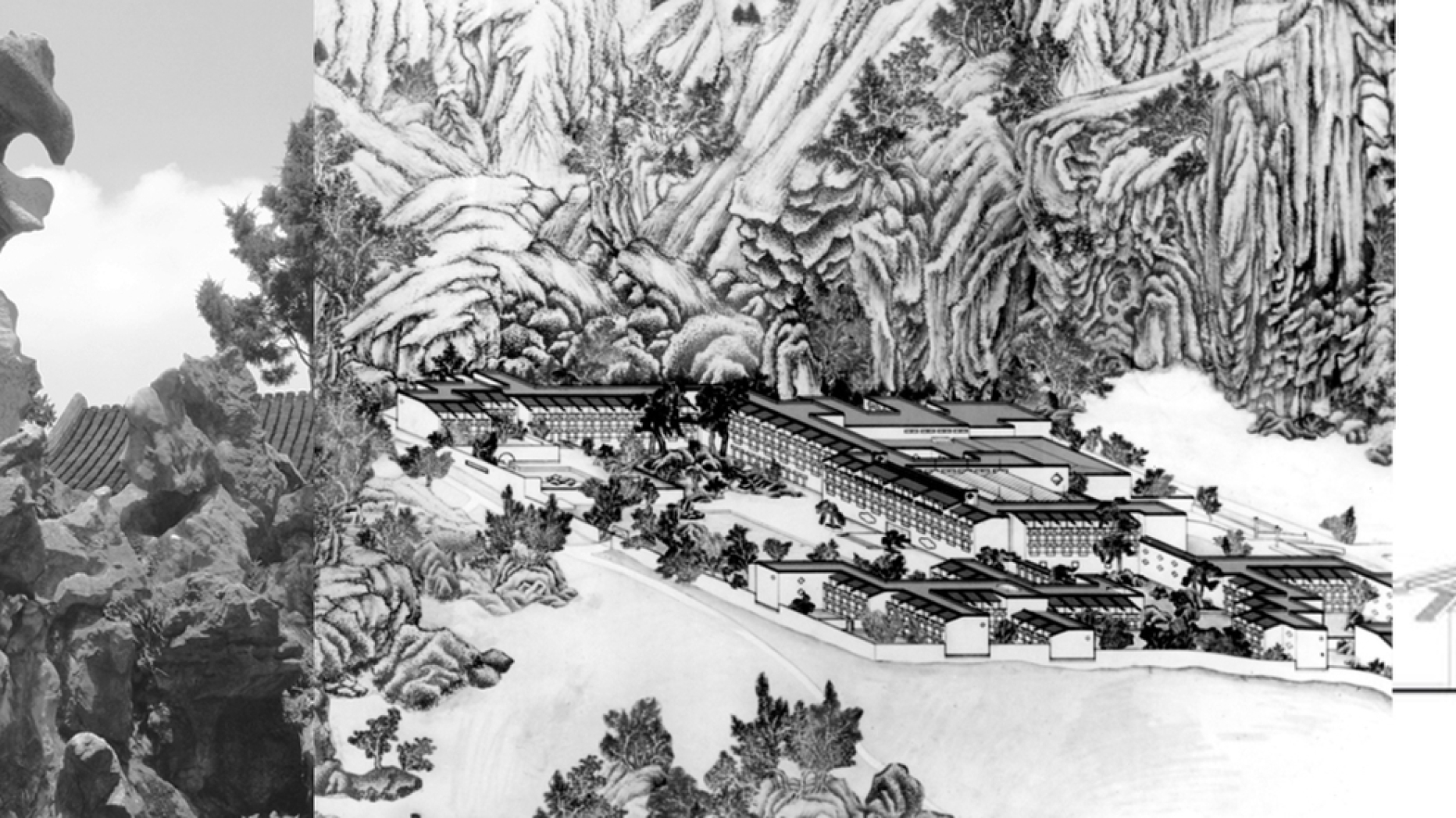 4 Panel image. 1: Chinese painting of mountain 2: Chinese rock garden 3: Chinese painting of village 4: Factory blueprint