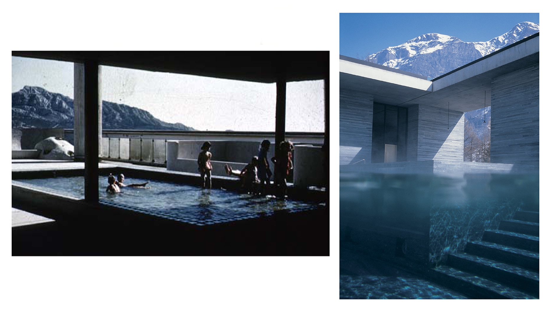 Le Corbusier's Unité d'habitation in Marseille on the left, Peter Zumthor's Therme Vals on the right