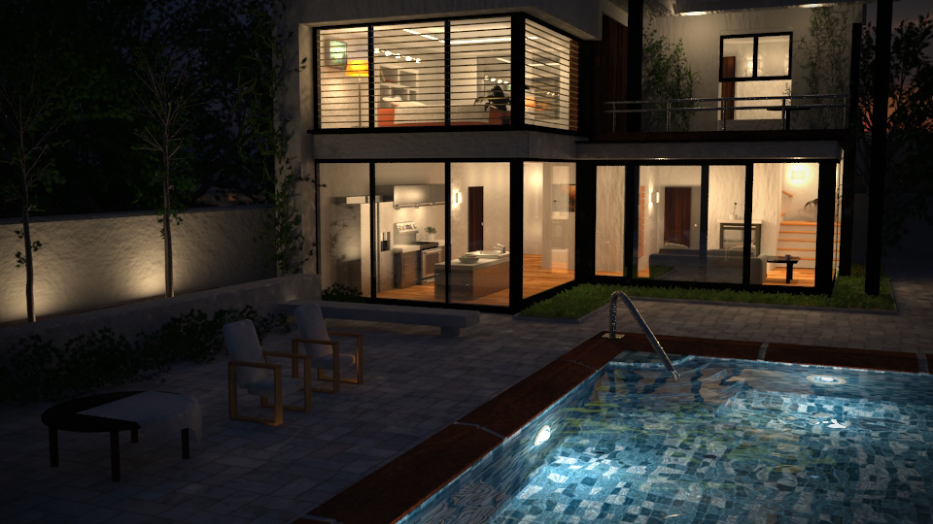 CGI graphic of a house many large windows and a pool in front. 