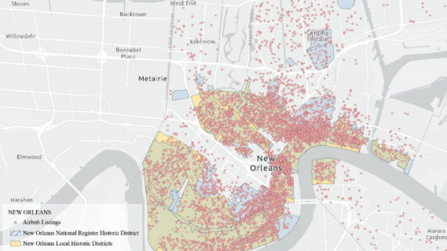 Map of Airbnb listings in New Orleans 