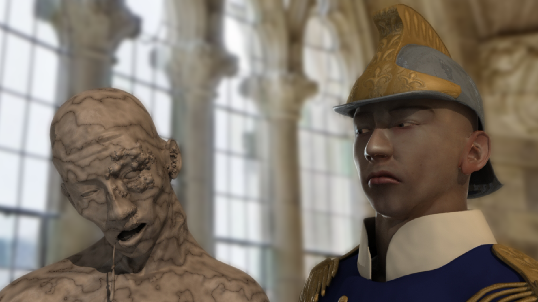 CGI graphic of man wearing a helmet staring at a clay model of a man that is decaying.