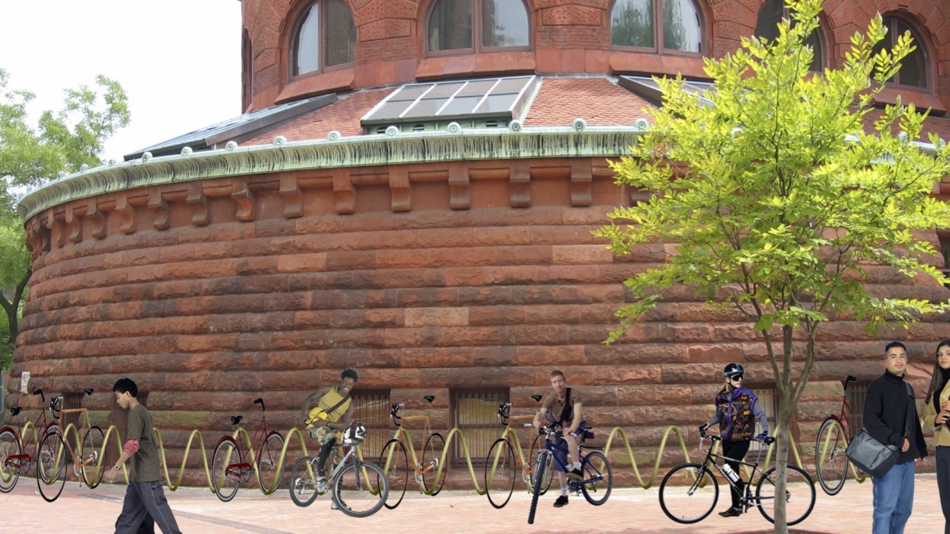 Rendering of PennBike installed in front of the Fisher Fine Arts Library