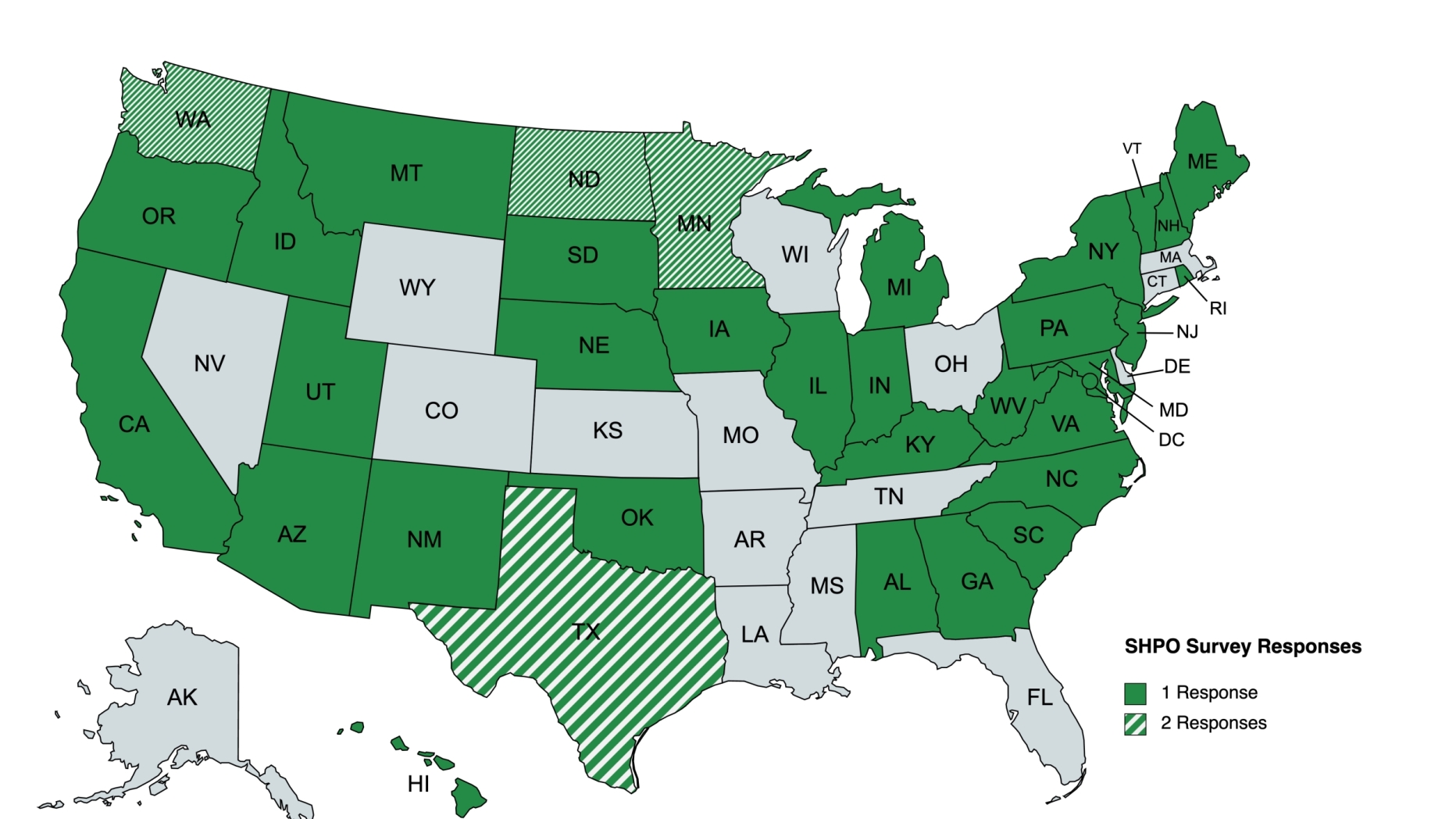 US map with states shaded in green and gray