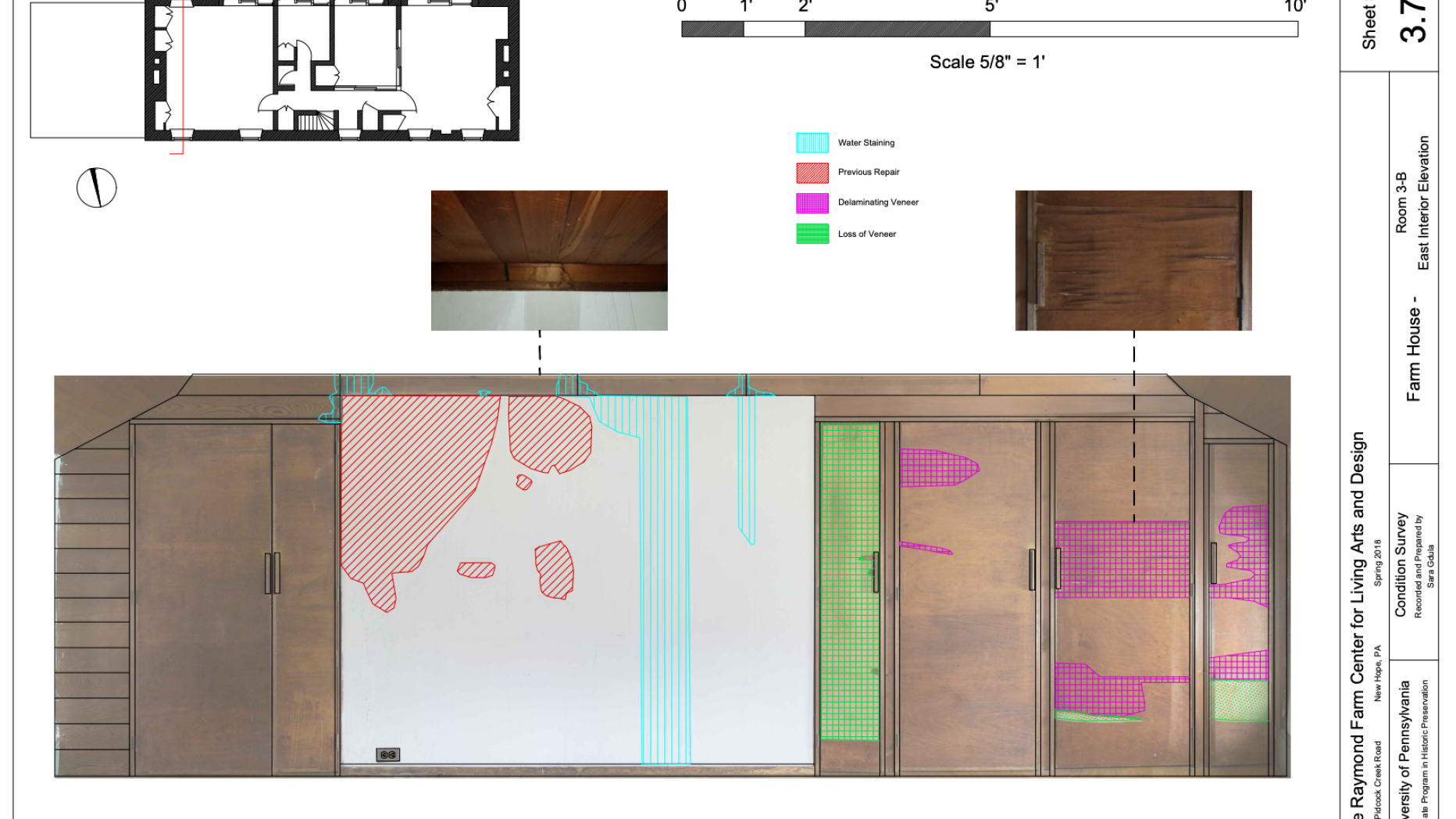 Diagram of interior wall showing water damage, delaminating veneer, previous repair, and lost veneer