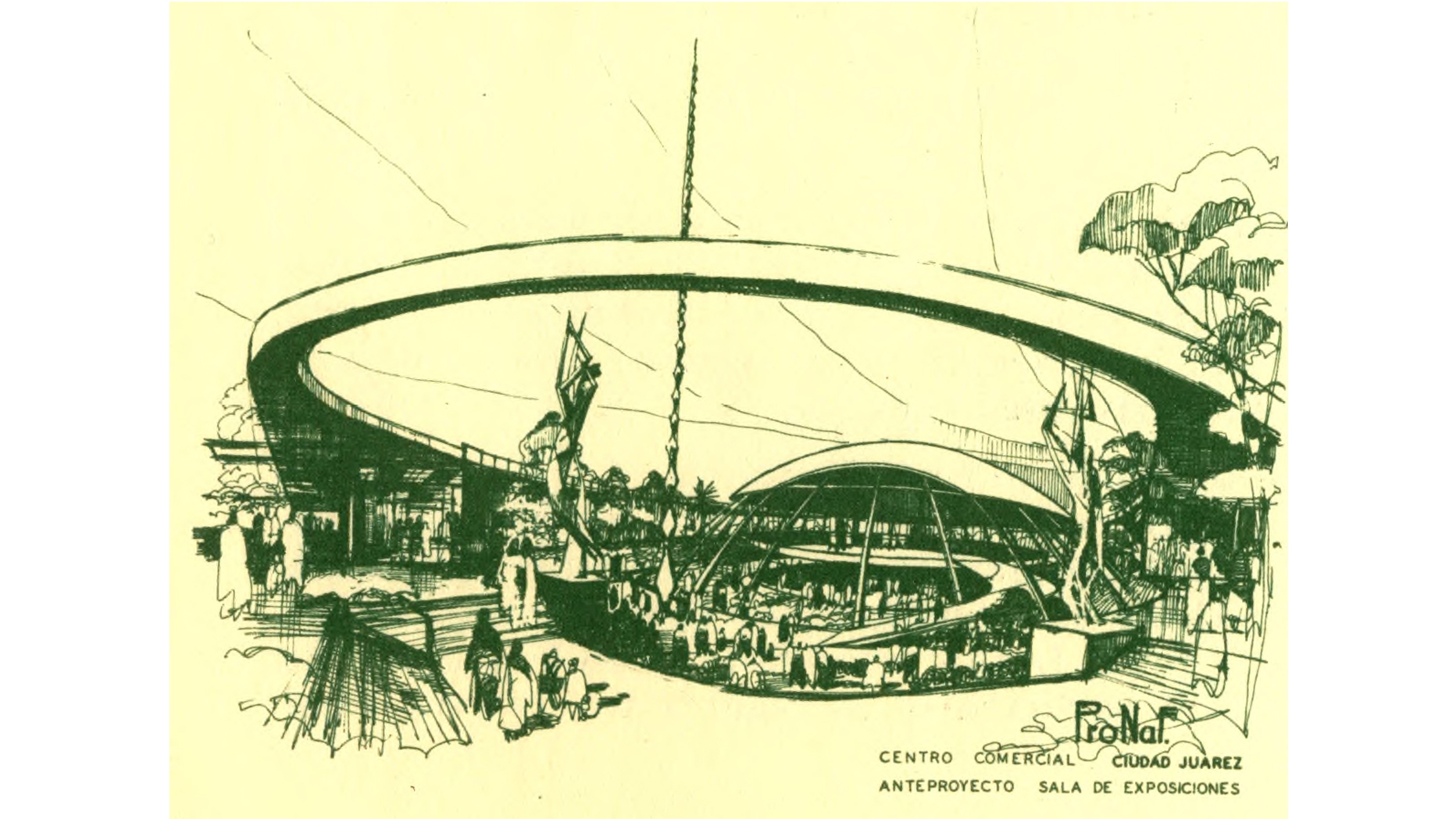 Perspective render of “Centro Comercial PRONAF Cd. Juárez. Showroom.” 1961 Mario Pani y Arquitectos Asociados. Source: PRONAF Booklet