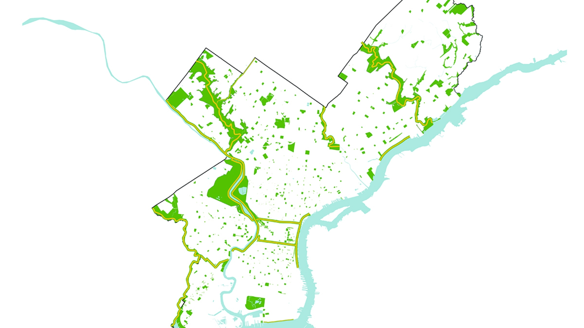 Map of Philadelphia featuring only green spaces.
