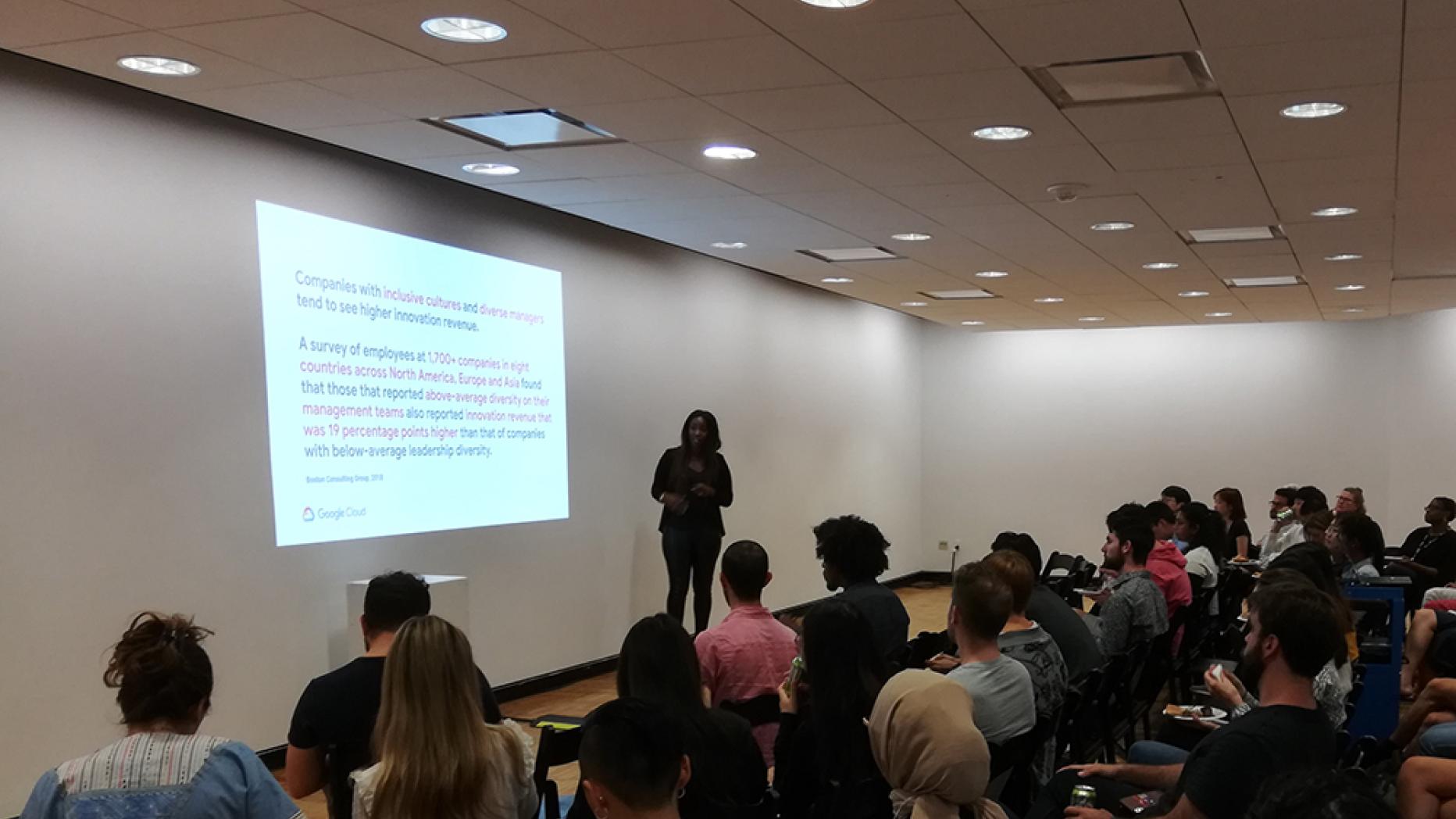 Group of diverse students watching a presentation