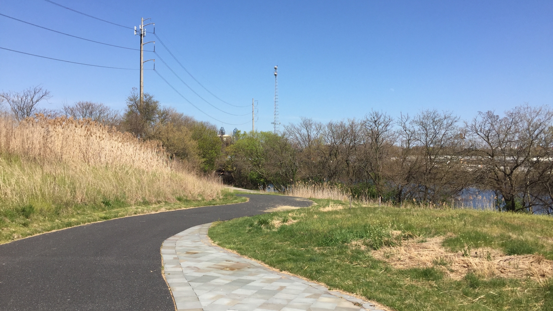 Section of trail with river and trees in background.