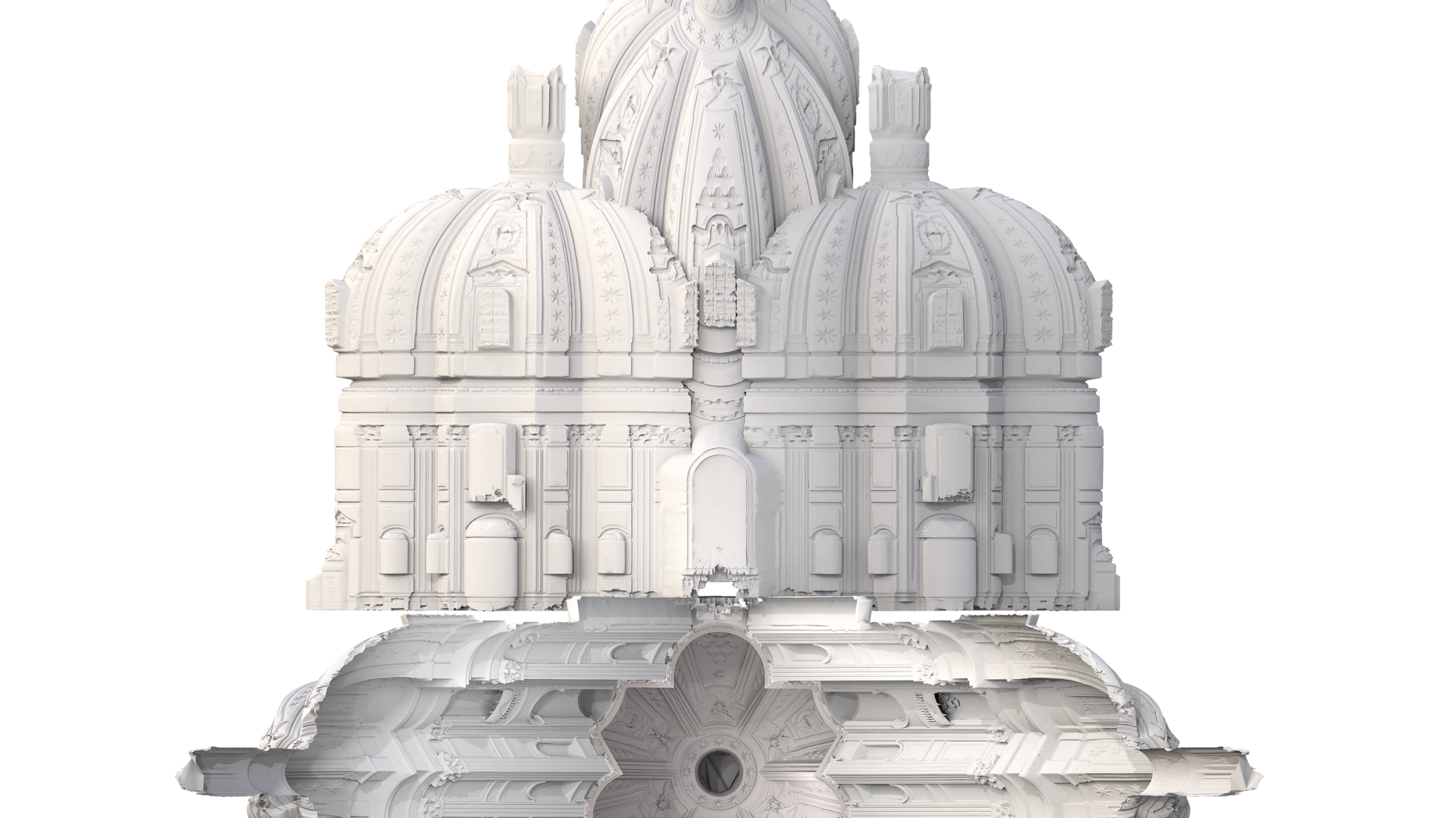 3D model of baroque era building. Model is all white which allows one to more easily see the elaborate details