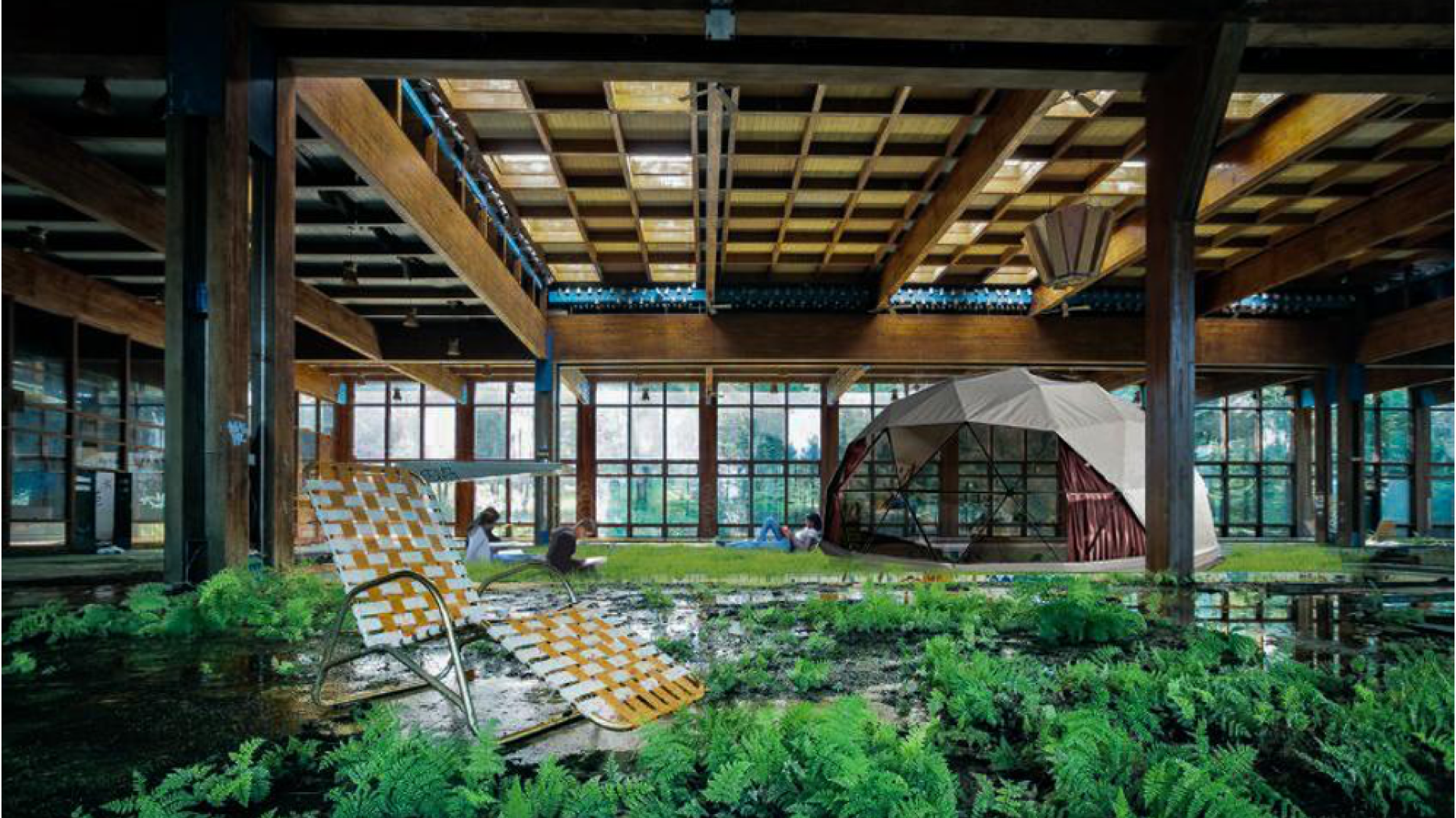 Lawn chair in foreground surrounded by lush greenery in an indoor warehouse with tent in background