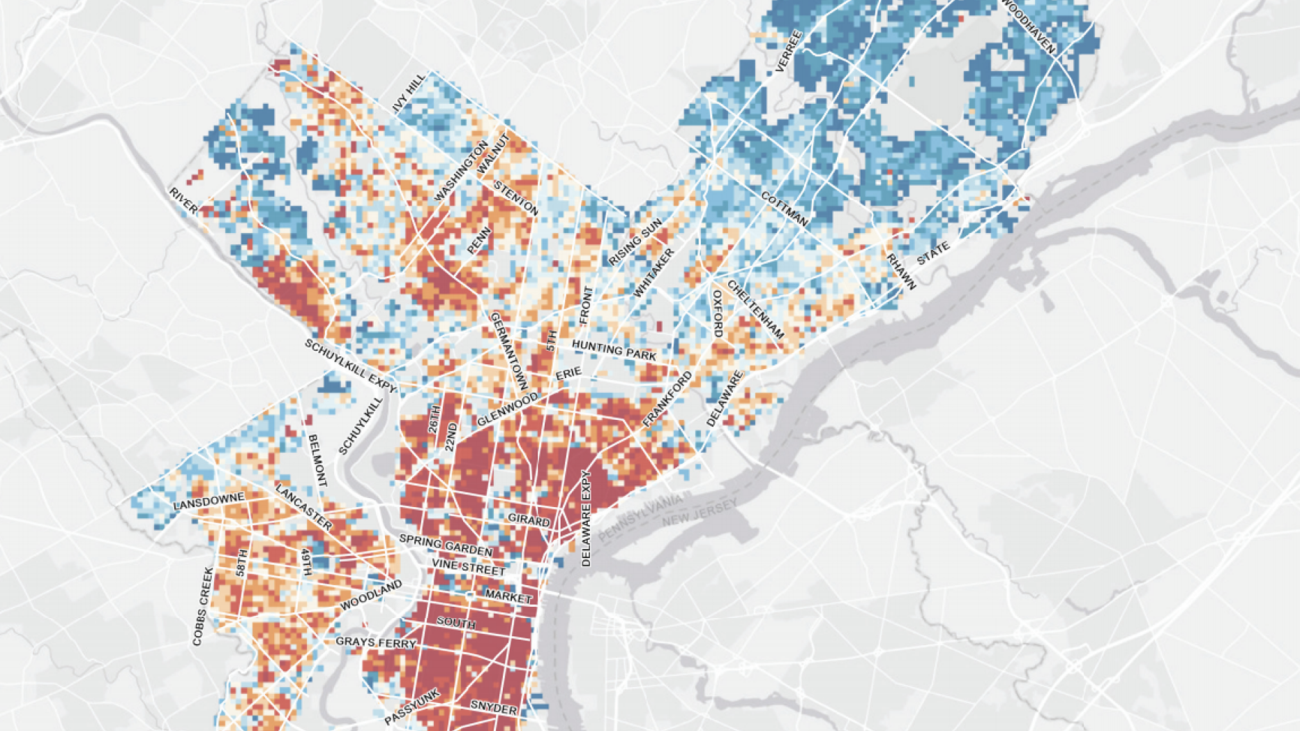 Map of Philadelphia where Center City showing concentrations of red high "Character score" areas