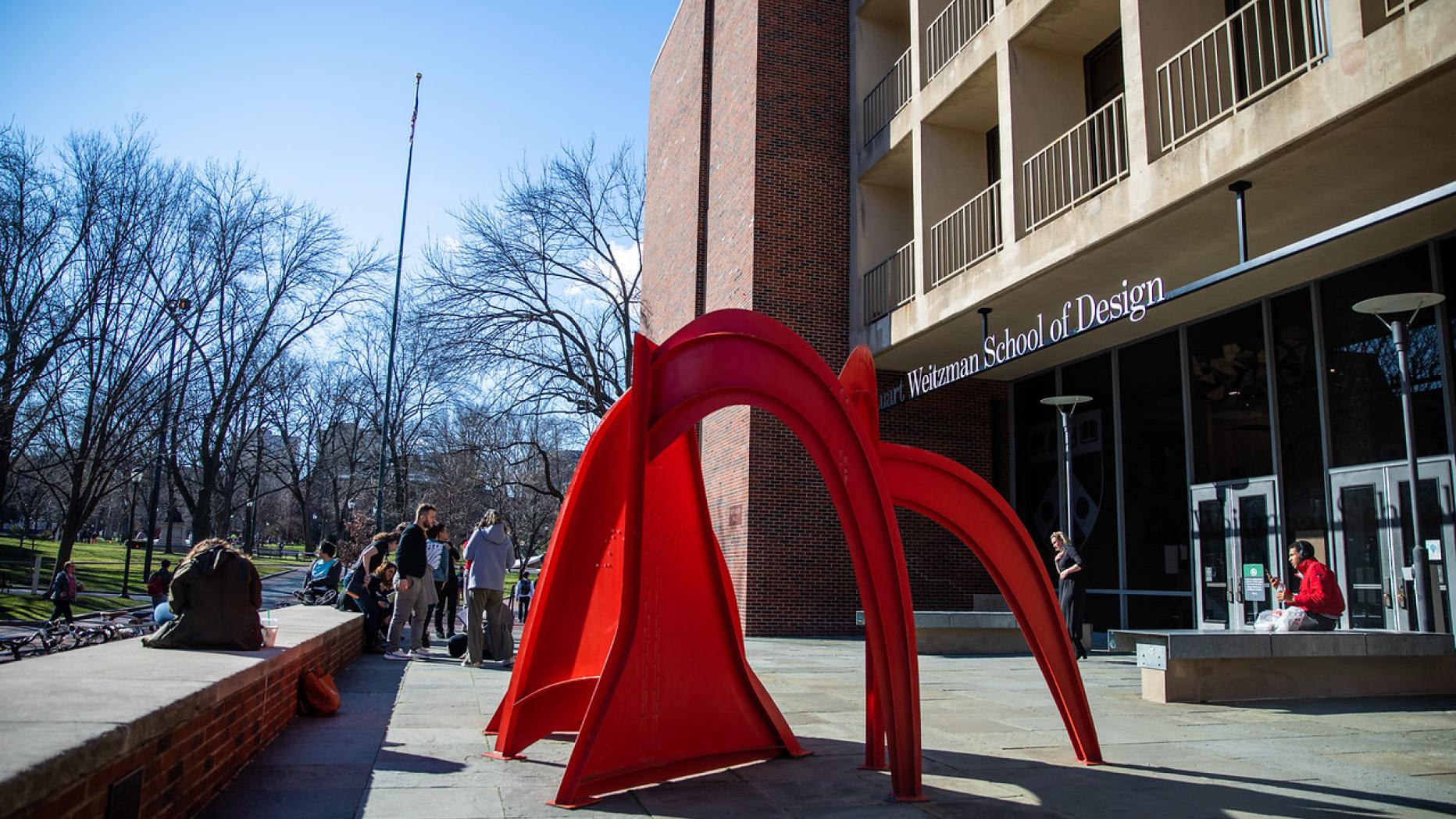 View of Alexander Calder's "Jerusalem Stabile" in front of Meyerson Hall building.