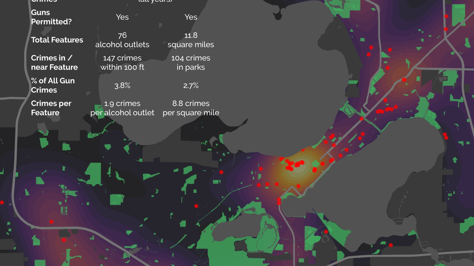  Map of Madison Parks WI showing very loose coralation between gun violence and liquor store locations