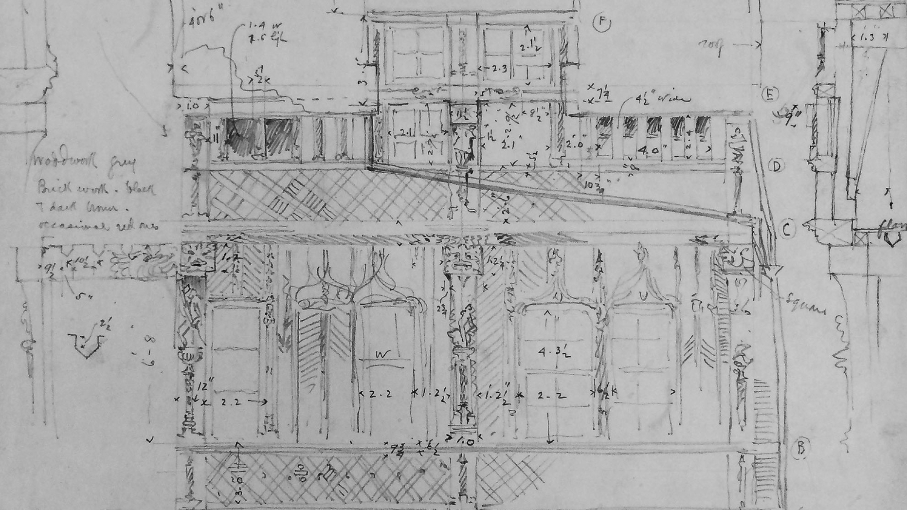 Blueprint sketch of two story house with balcony and widow's watch