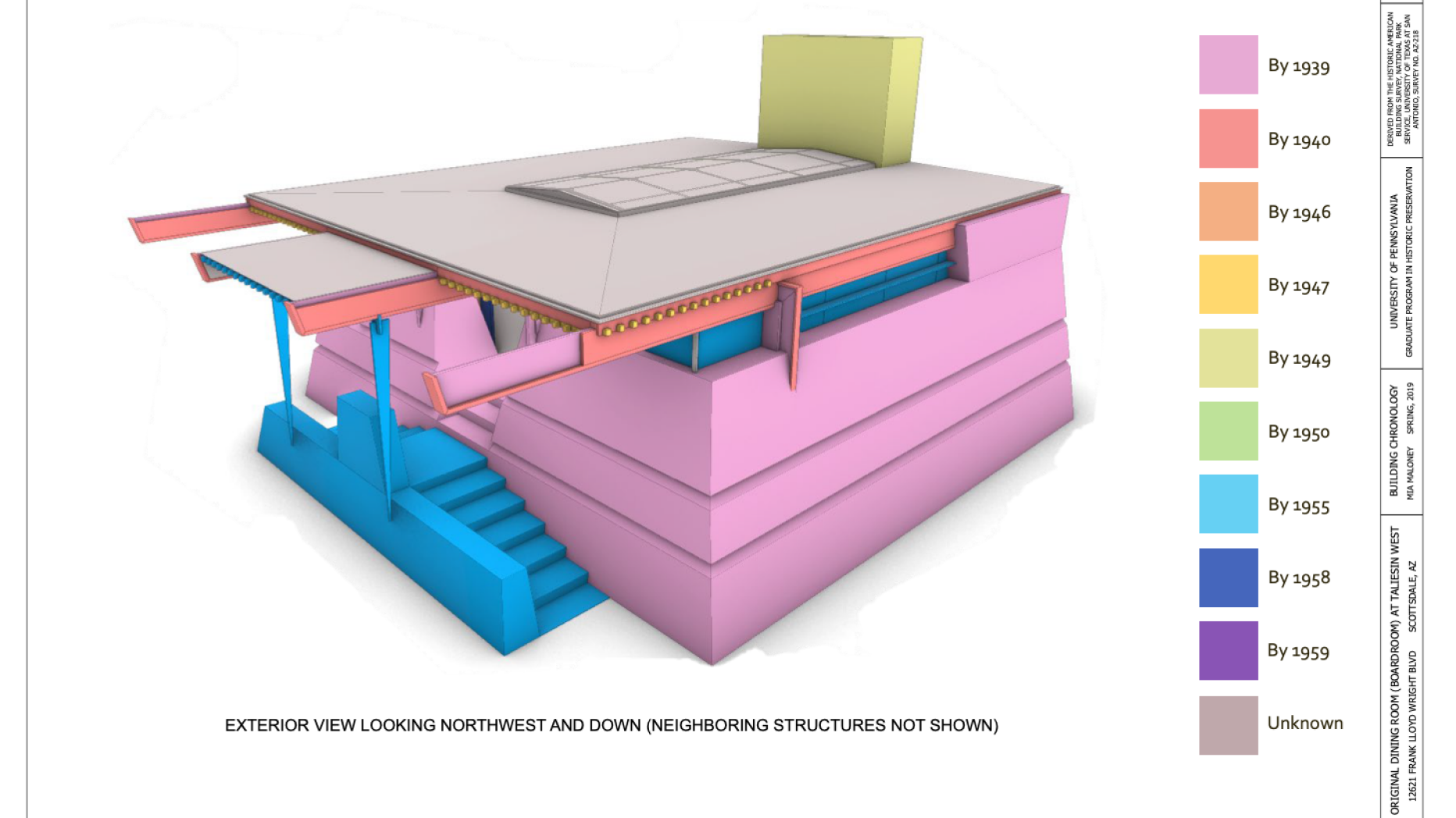 Color-coded rendering of Original Dining Room showing age of each architectural element