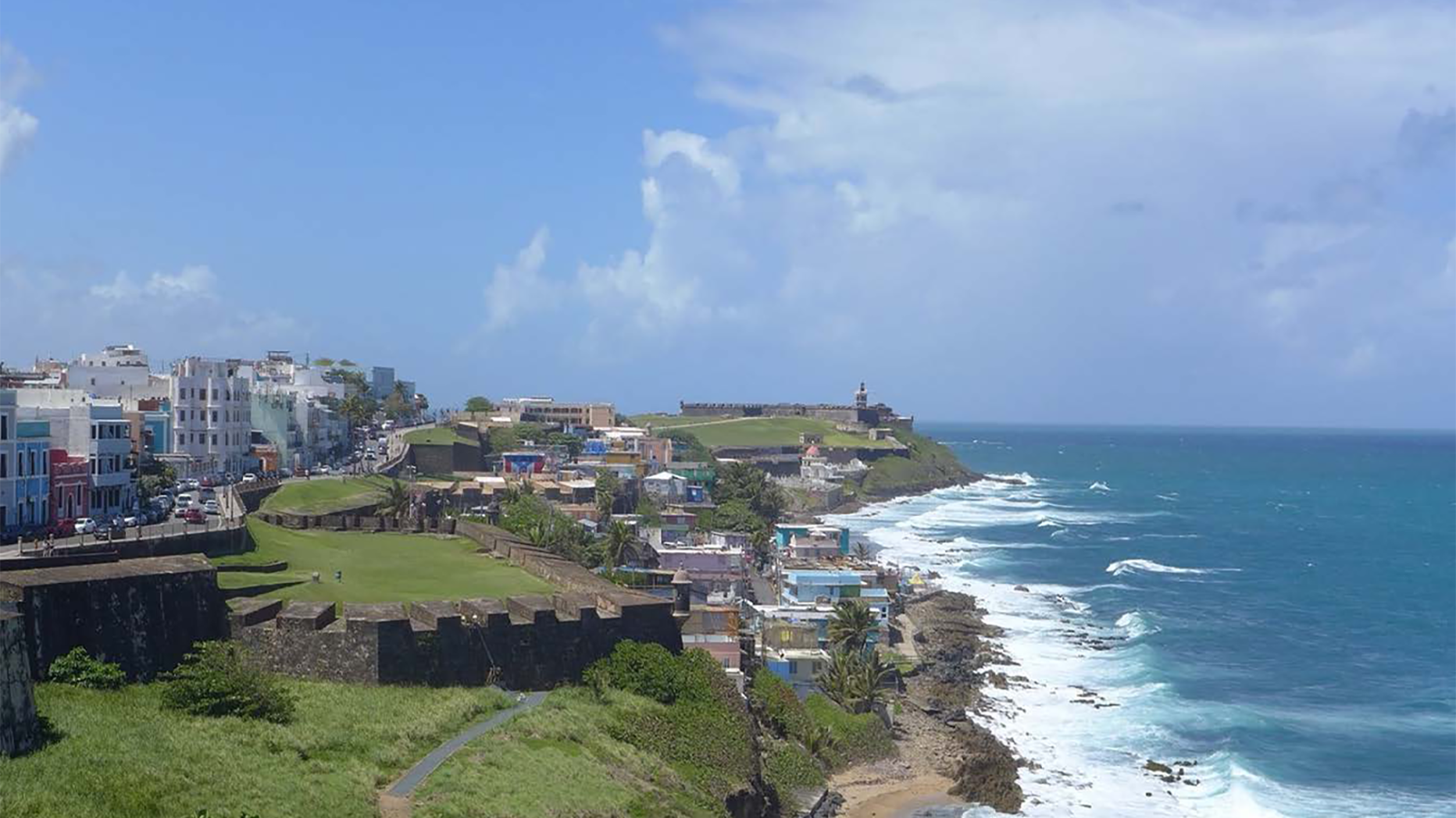 shoreline with old fortress-style buildings